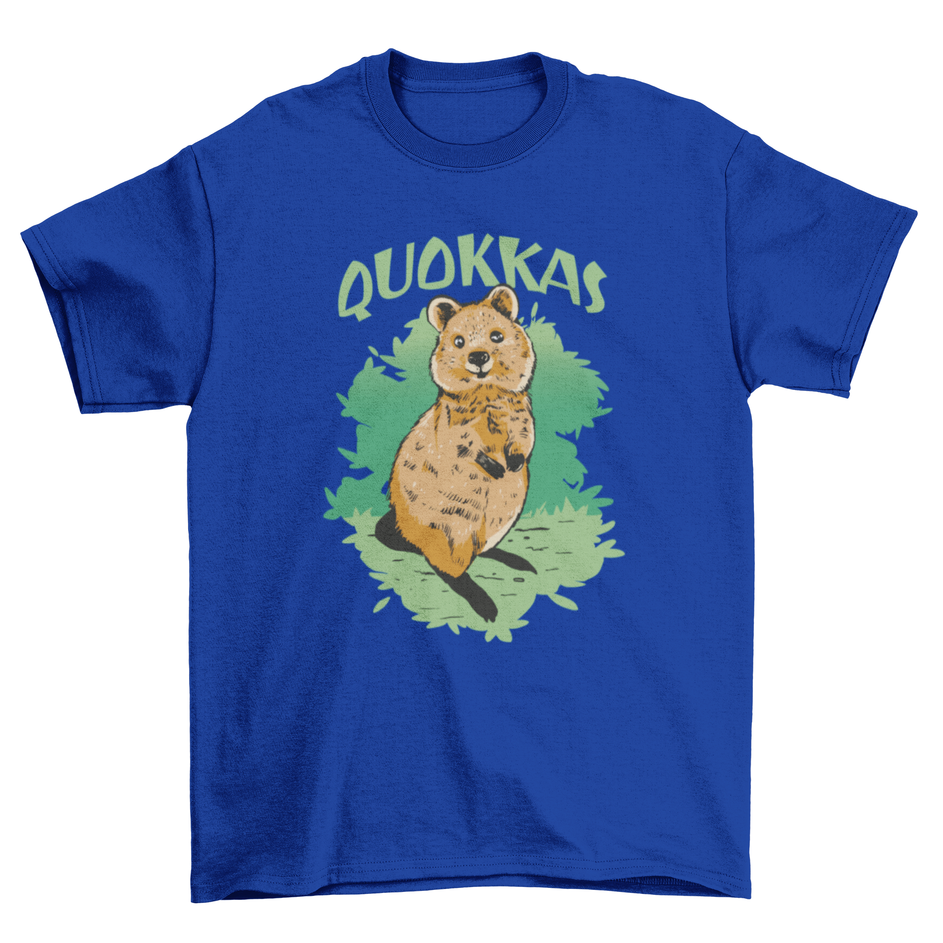 A cute t-shirt featuring a graphic of a smiling quokka, showcasing its friendly and adorable nature.