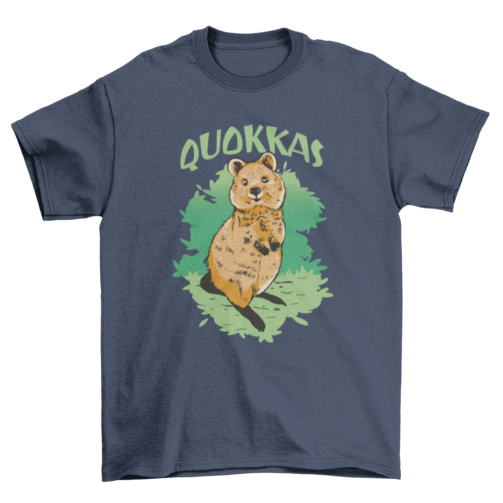 A cute t-shirt featuring a graphic of a smiling quokka, showcasing its friendly and adorable nature.