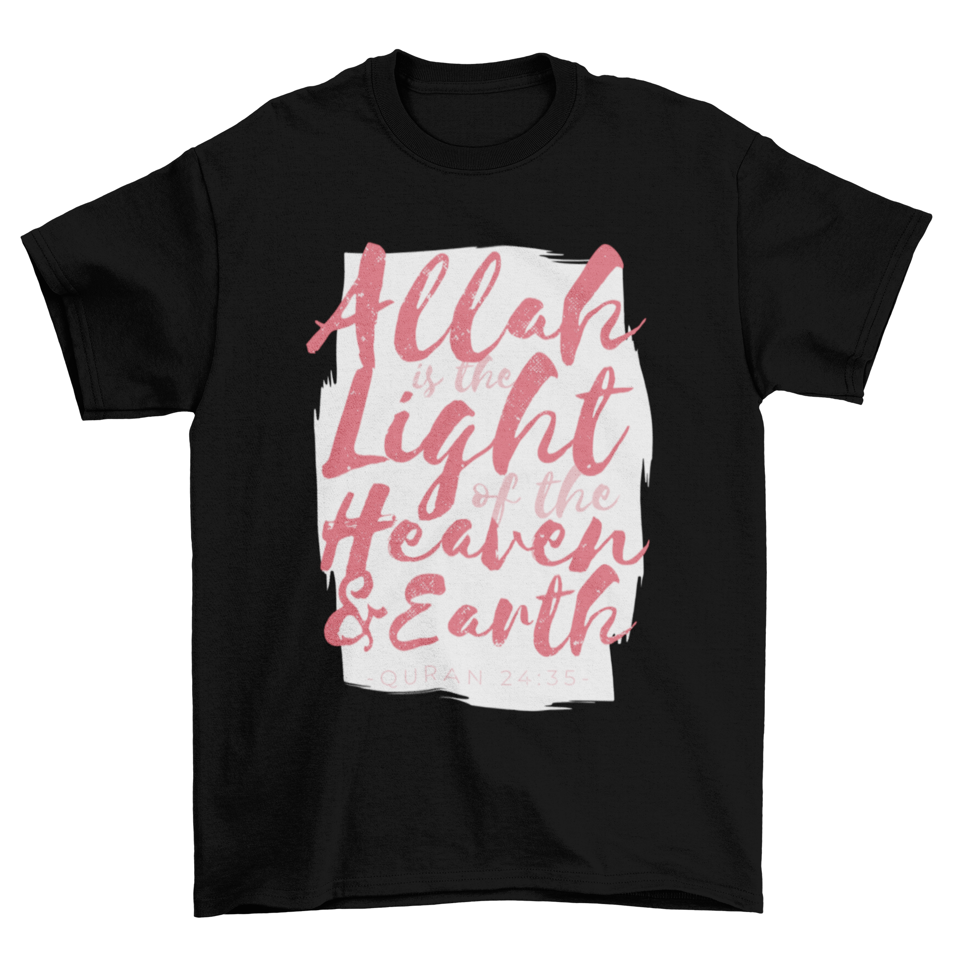 A stylish T-shirt featuring the Quran quote 'Allah is the Light of Heaven and Earth' in elegant typography.