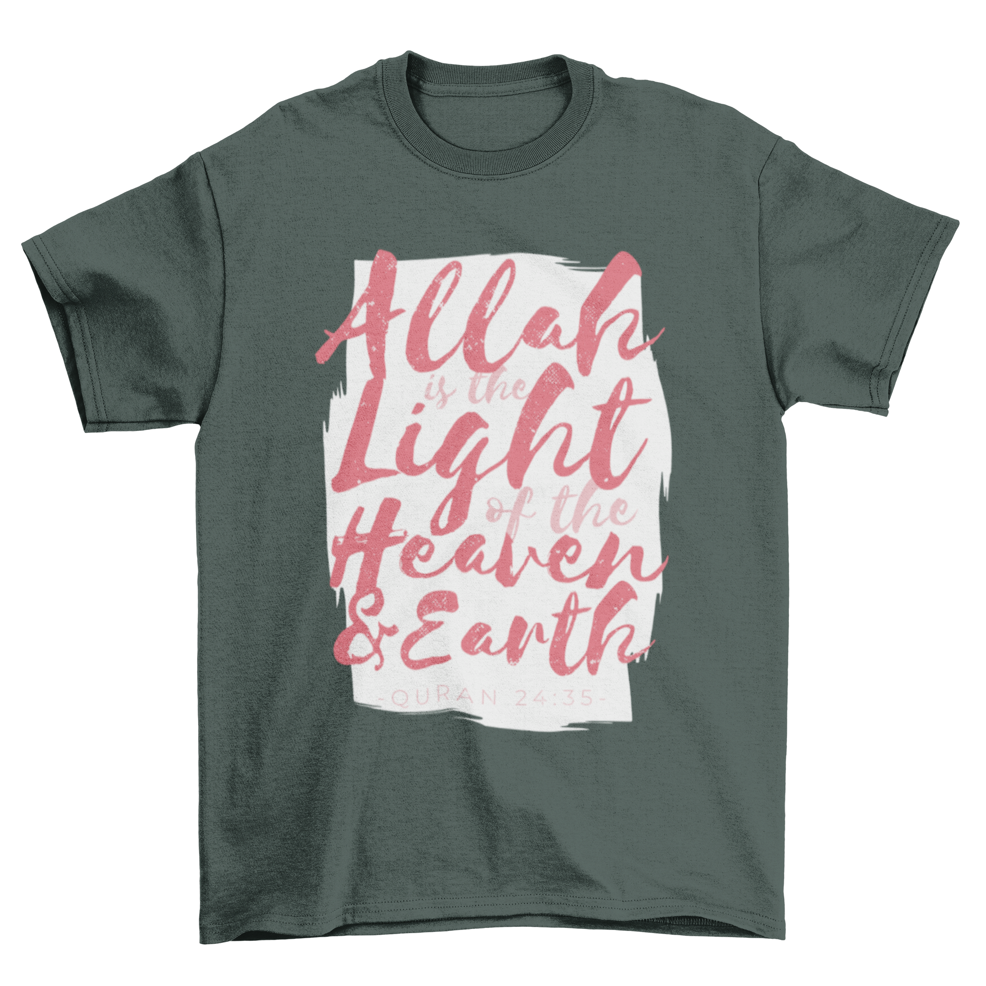 A stylish T-shirt featuring the Quran quote 'Allah is the Light of Heaven and Earth' in elegant typography.