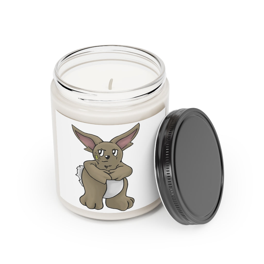 Rababab Scented Candle in a glass container, featuring a permanent adhesive label, showcasing its vegan soy coconut wax and soothing fragrances.