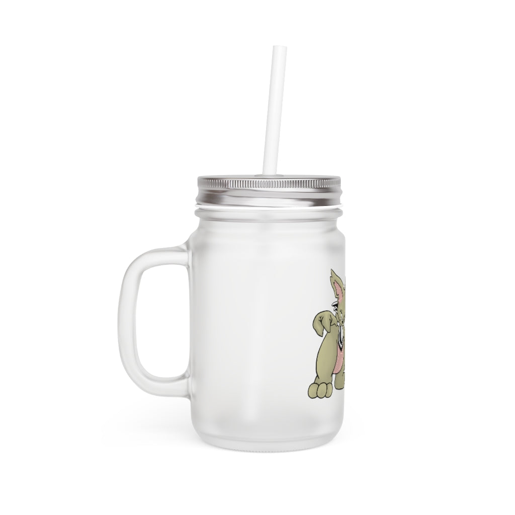 A personalized Rabbababa Mason Jar made of frosted glass, featuring a straw and lid, perfect for drinks.