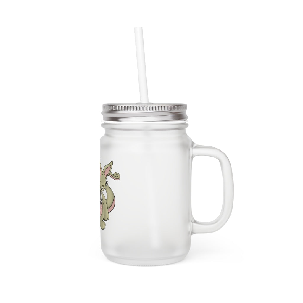 A personalized Rabbababa Mason Jar made of frosted glass, featuring a straw and lid, perfect for drinks.