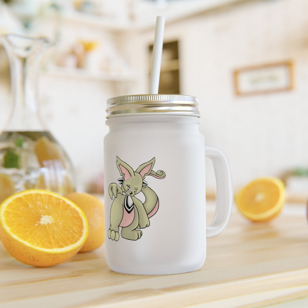 A personalized Rabbababa Mason Jar made of frosted glass, featuring a straw and lid, perfect for drinks.