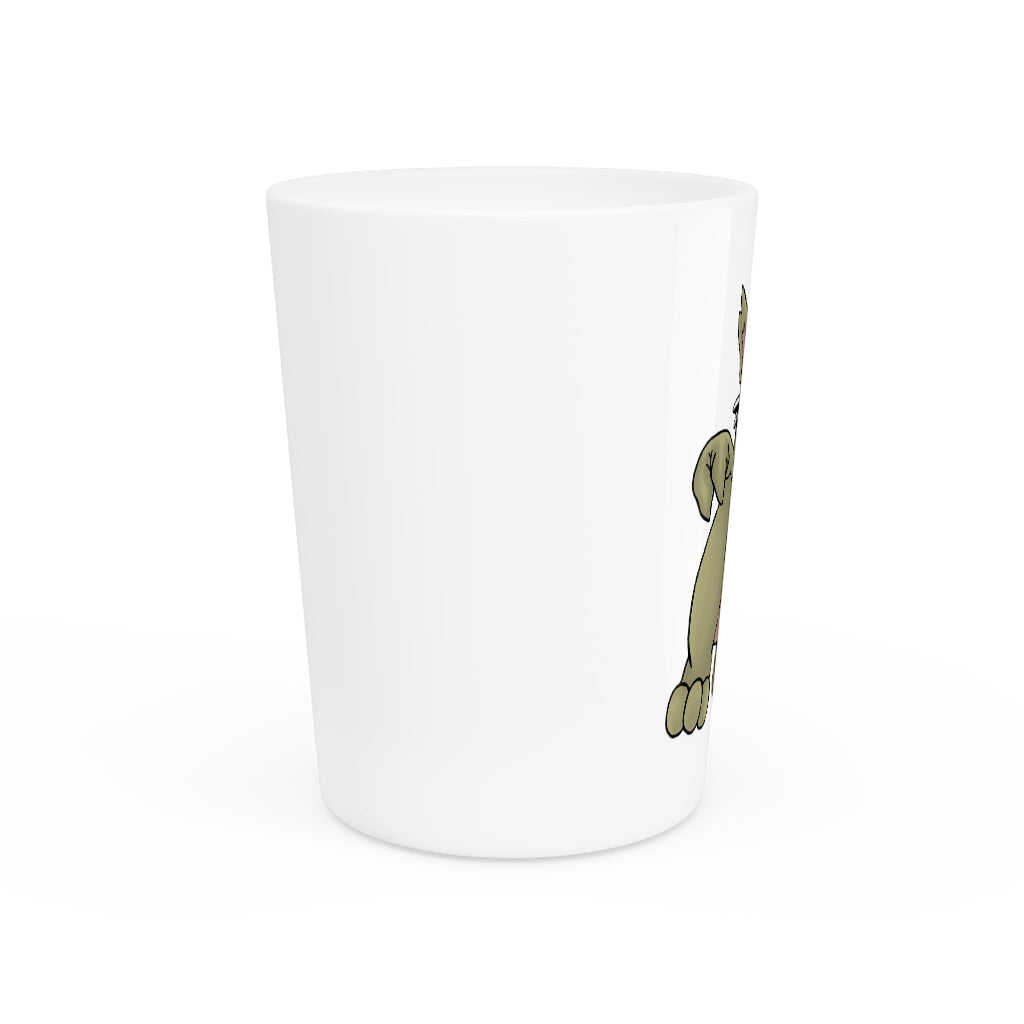 A personalized Rabbababa shot glass made of white ceramic with a customizable design, available in white or black interior.