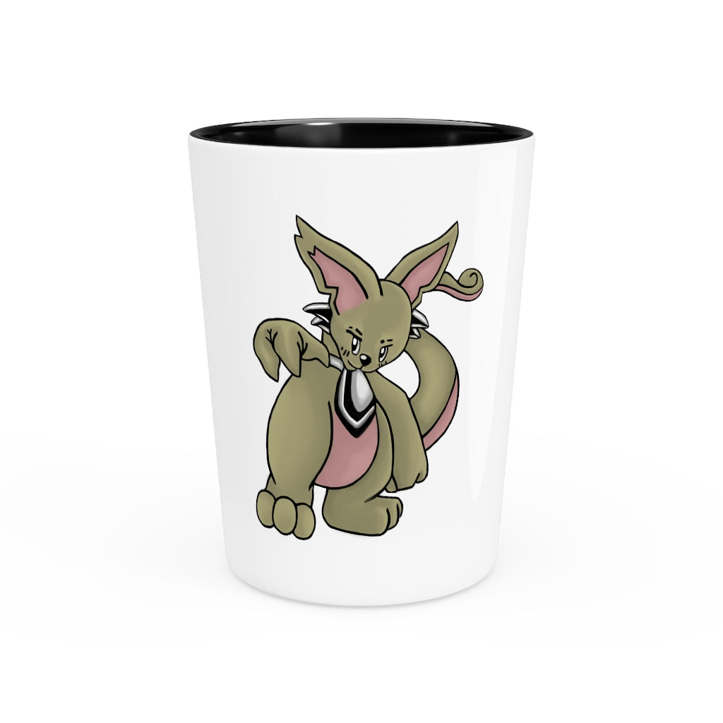 A personalized Rabbababa shot glass made of white ceramic with a customizable design, available in white or black interior.