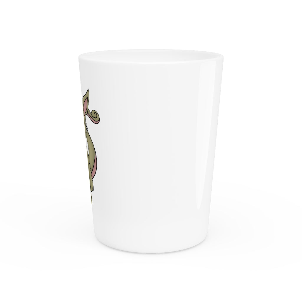 A personalized Rabbababa shot glass made of white ceramic with a customizable design, available in white or black interior.