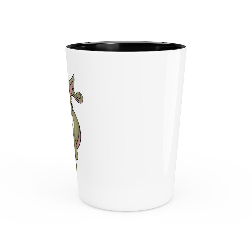 A personalized Rabbababa shot glass made of white ceramic with a customizable design, available in white or black interior.