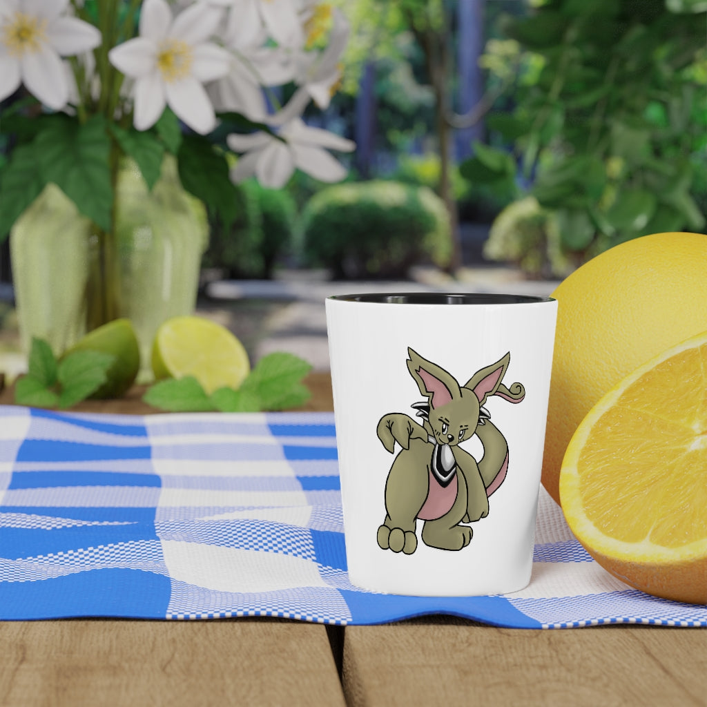 A personalized Rabbababa shot glass made of white ceramic with a customizable design, available in white or black interior.