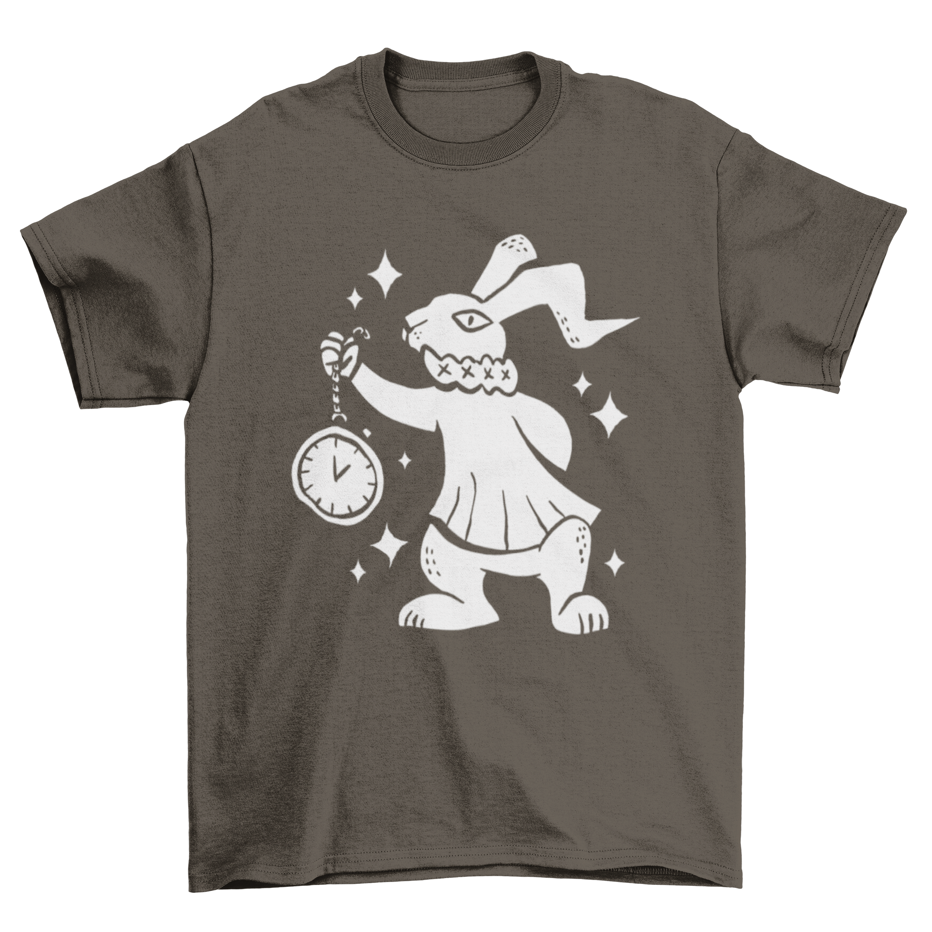 Rabbit cut-out t-shirt featuring a whimsical rabbit holding a watch in a stylish design.