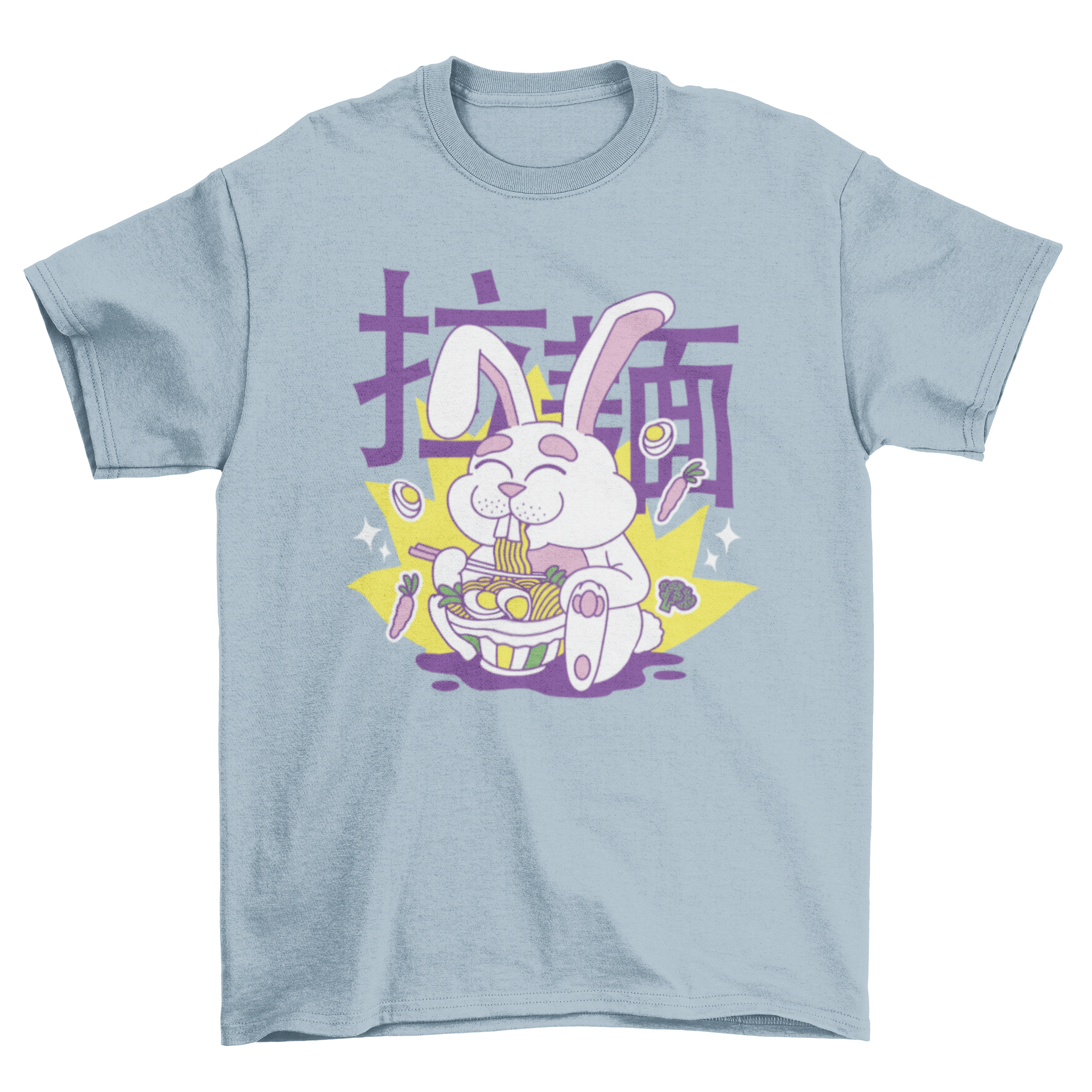 A playful t-shirt featuring a cute rabbit character eating ramen with a Japanese quote.