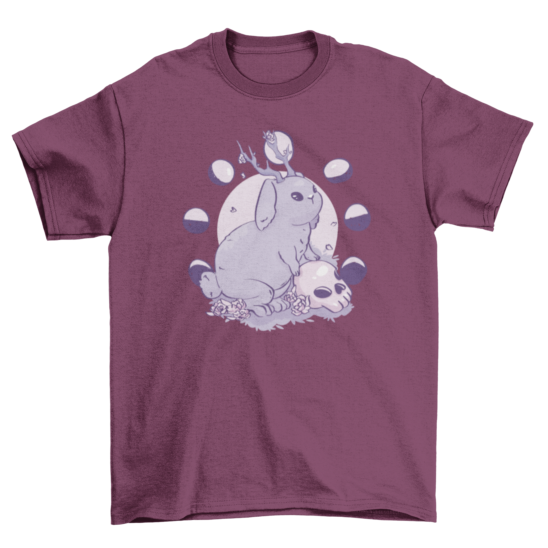 A creepy t-shirt featuring a rabbit with antlers and a skull design, perfect for Halloween or unique fashion statements.