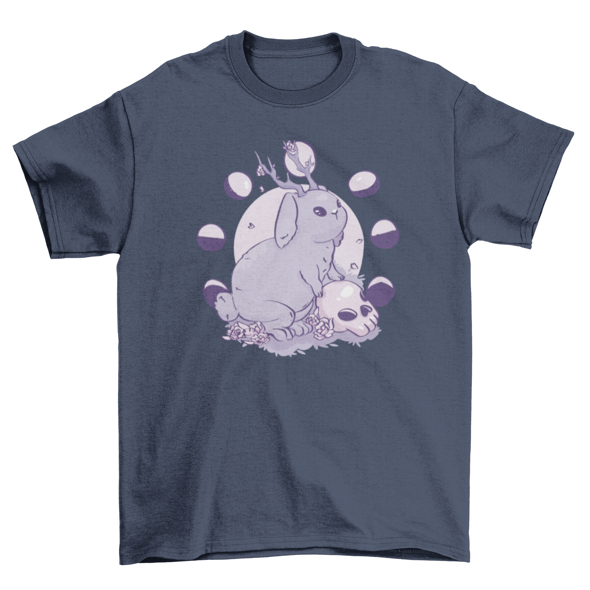 A creepy t-shirt featuring a rabbit with antlers and a skull design, perfect for Halloween or unique fashion statements.