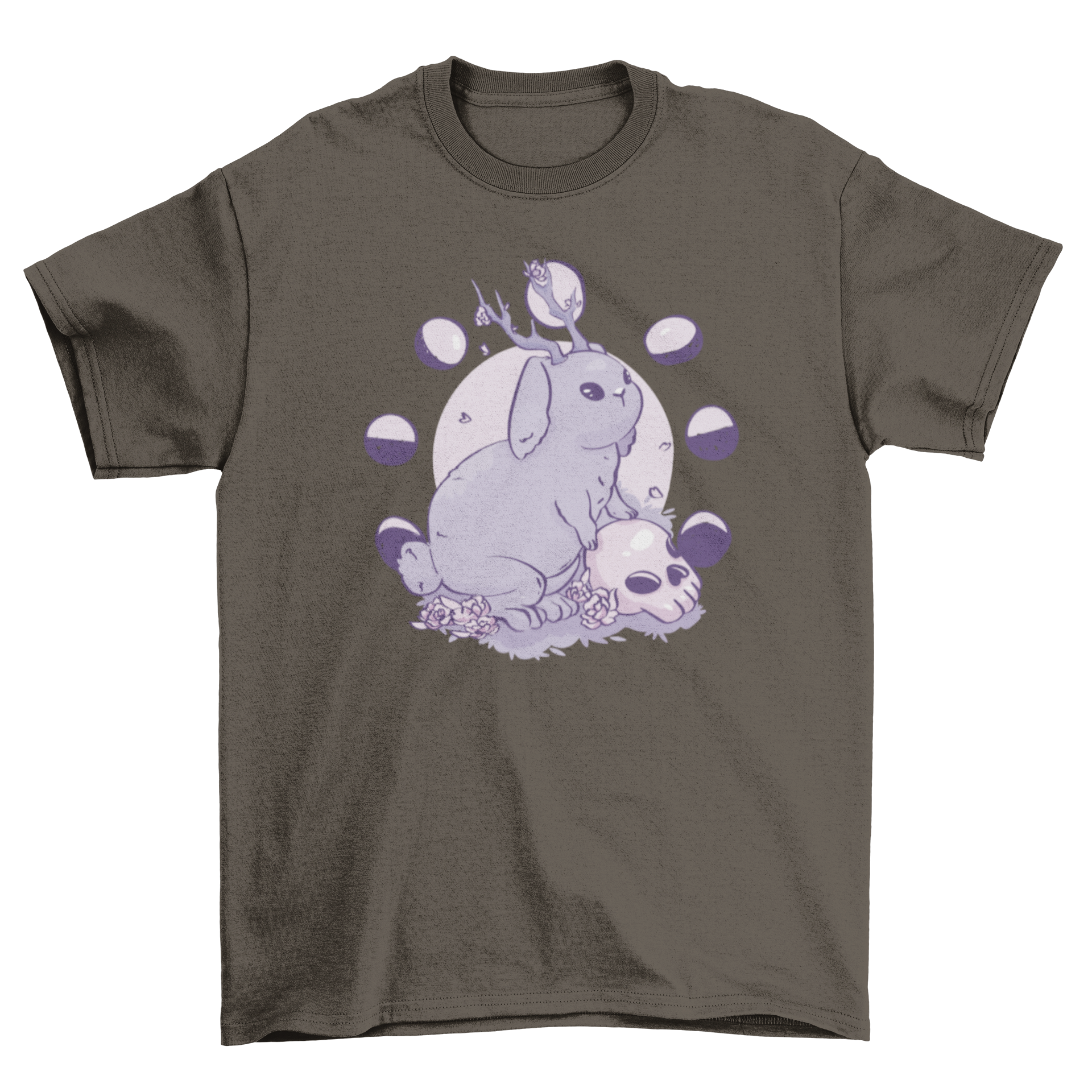 A creepy t-shirt featuring a rabbit with antlers and a skull design, perfect for Halloween or unique fashion statements.