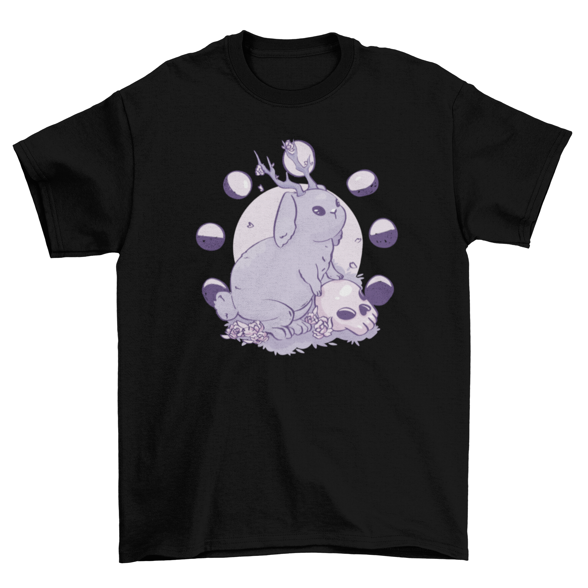 A creepy t-shirt featuring a rabbit with antlers and a skull design, perfect for Halloween or unique fashion statements.