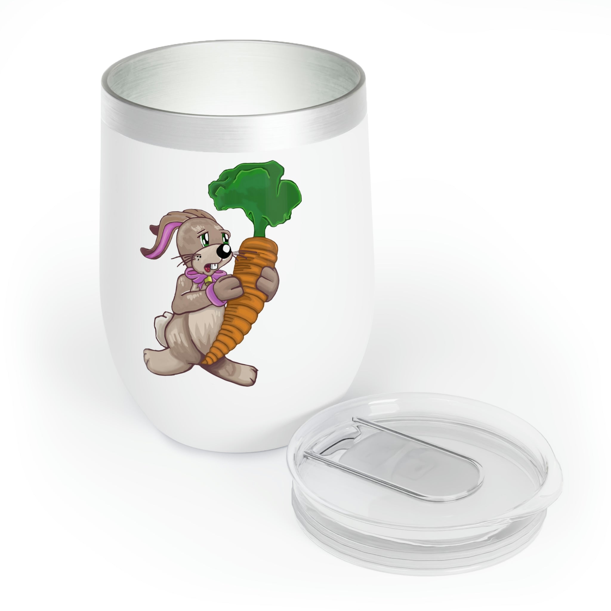 Rabbit with Carrot Chill Wine Tumbler showcasing its double-insulated design and stainless steel finish.