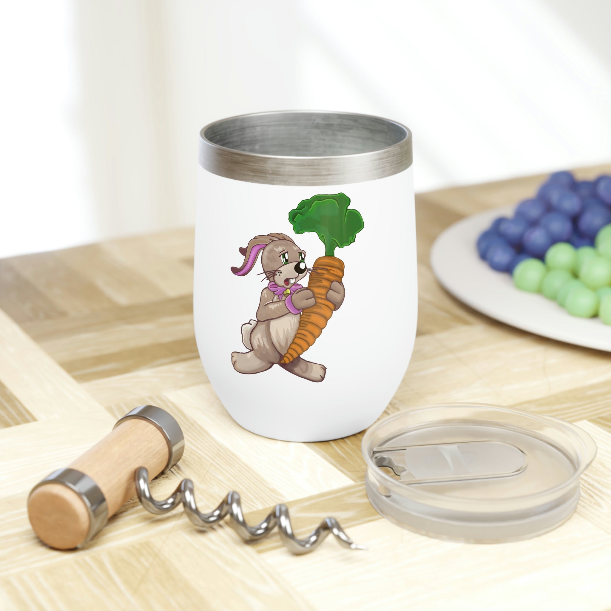 Rabbit with Carrot Chill Wine Tumbler showcasing its double-insulated design and stainless steel finish.