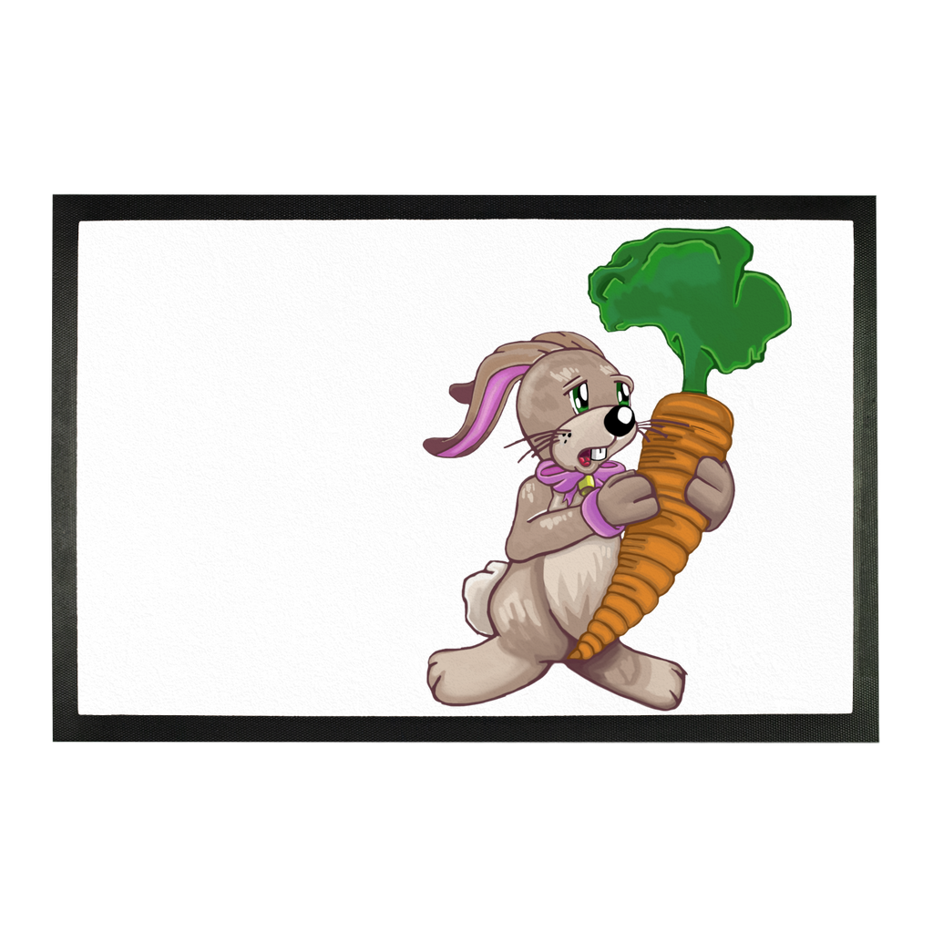 RabbitwithCarrot Sublimation Doormat featuring a playful rabbit and carrot design on a durable rubber base.