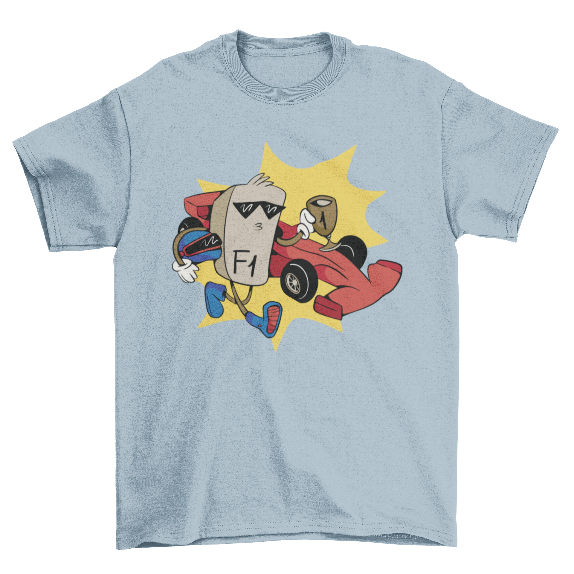 A colorful cartoon t-shirt featuring a race car, F1 key, and trophy design, perfect for racing fans.