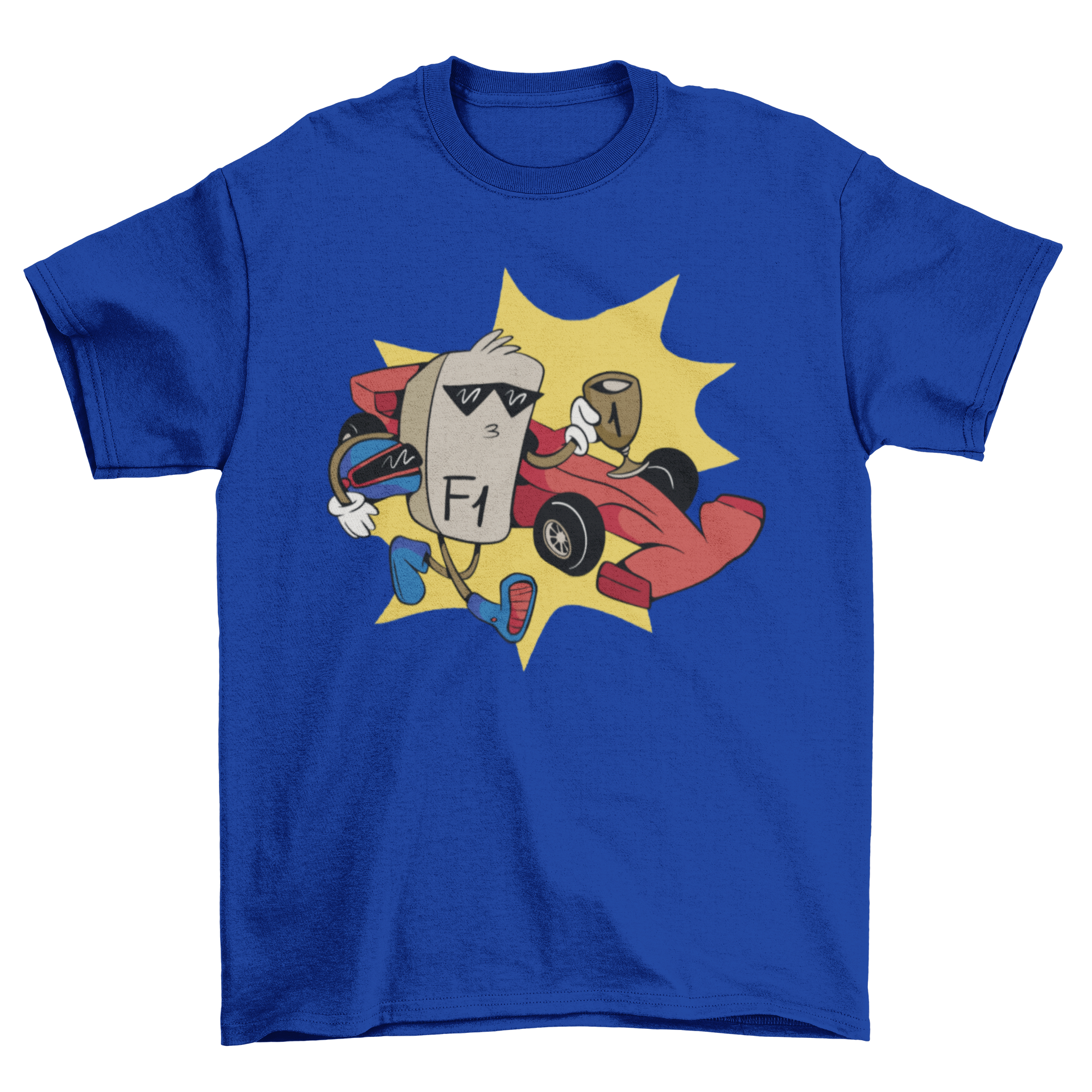 A colorful cartoon t-shirt featuring a race car, F1 key, and trophy design, perfect for racing fans.