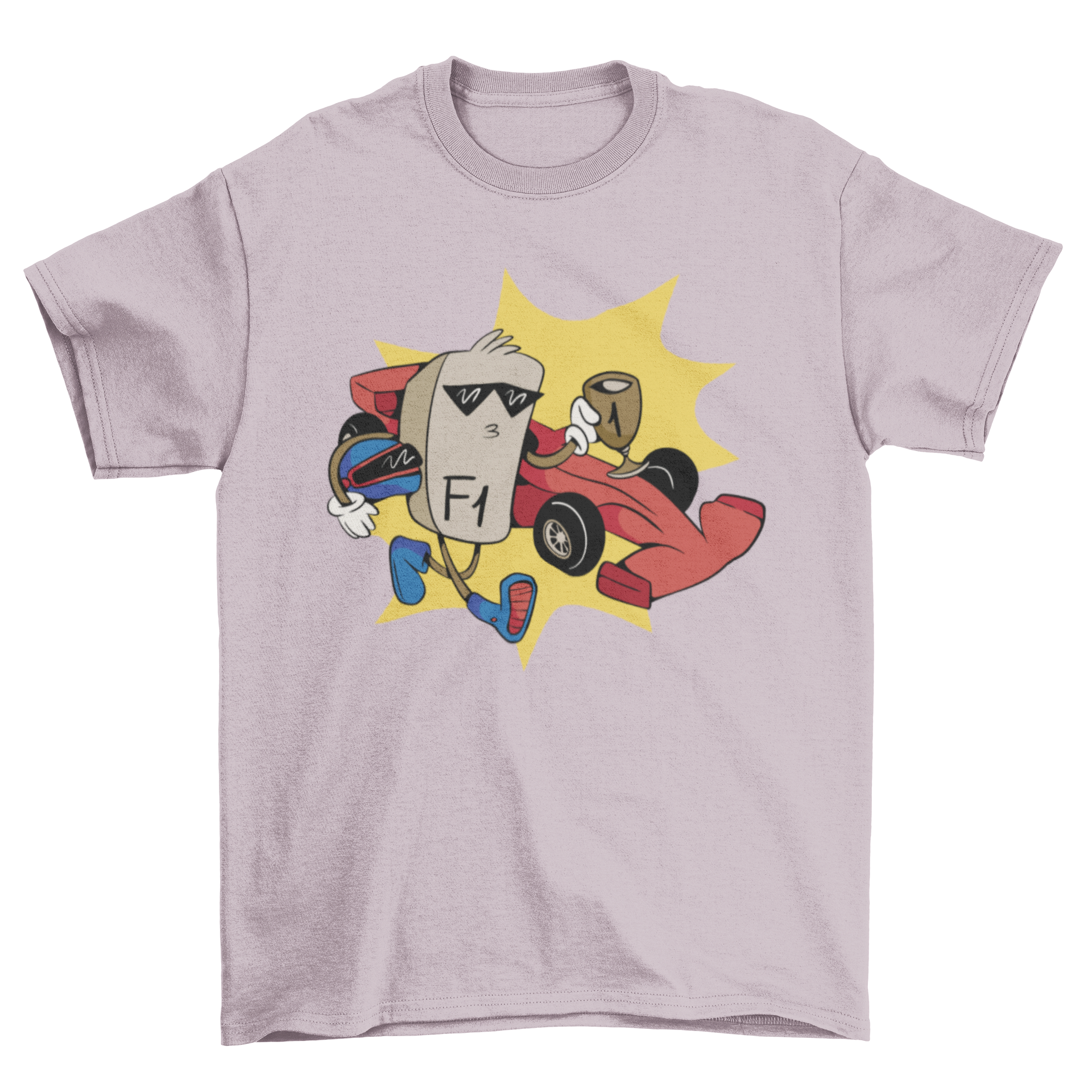 A colorful cartoon t-shirt featuring a race car, F1 key, and trophy design, perfect for racing fans.