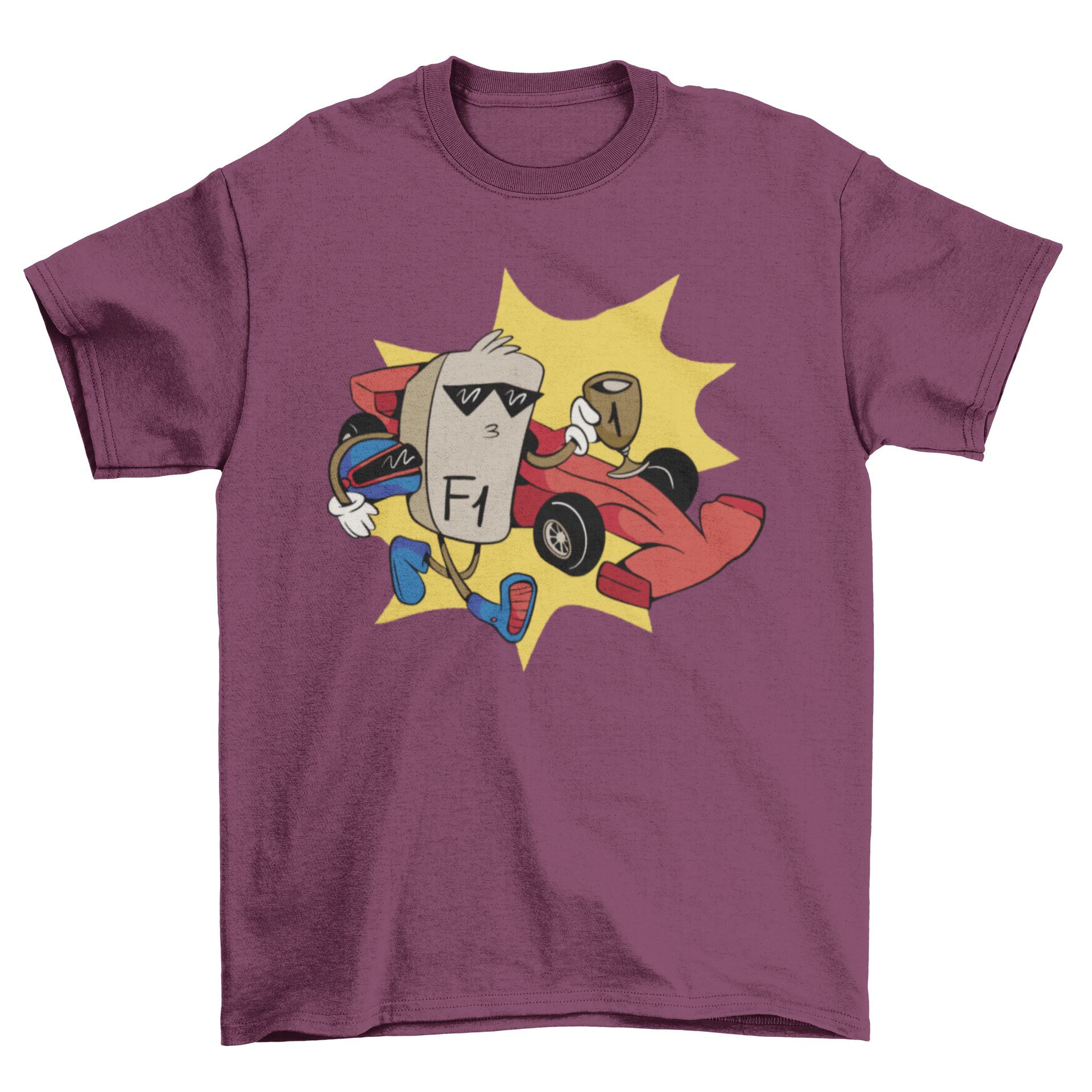 A colorful cartoon t-shirt featuring a race car, F1 key, and trophy design, perfect for racing fans.