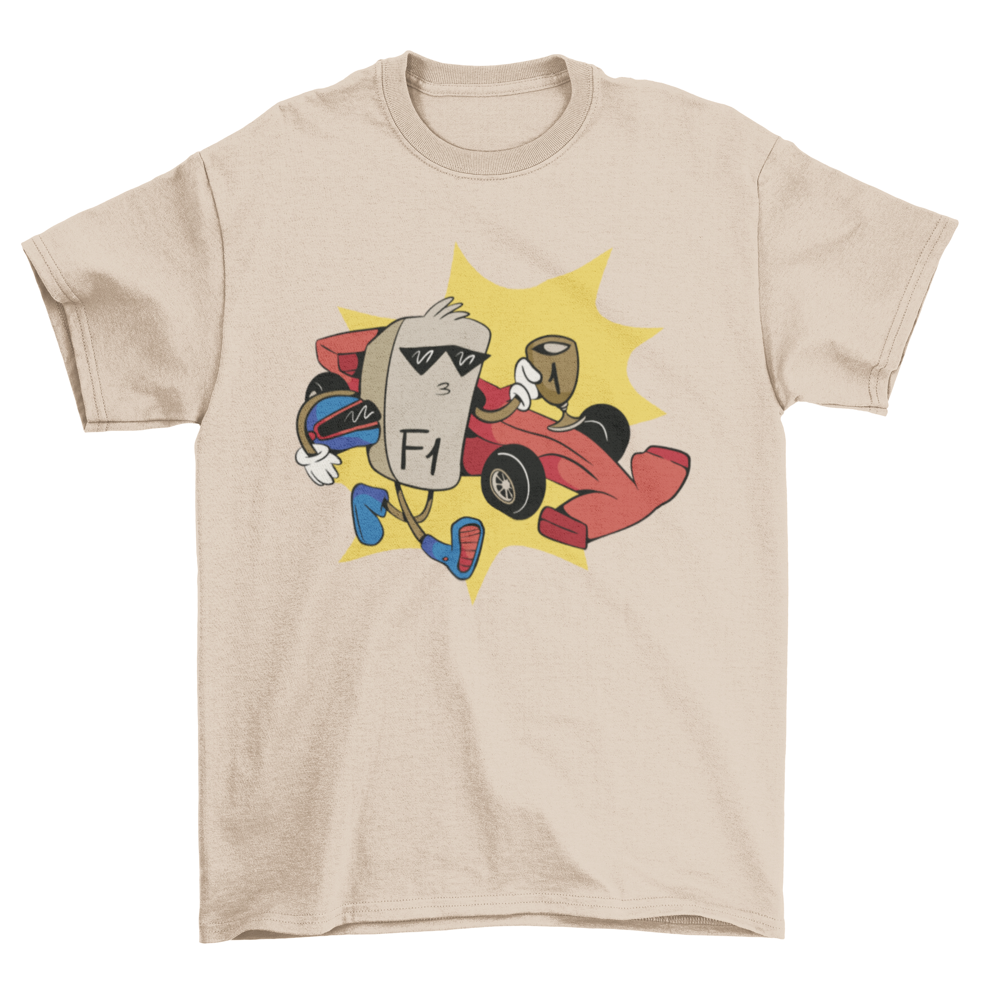 A colorful cartoon t-shirt featuring a race car, F1 key, and trophy design, perfect for racing fans.