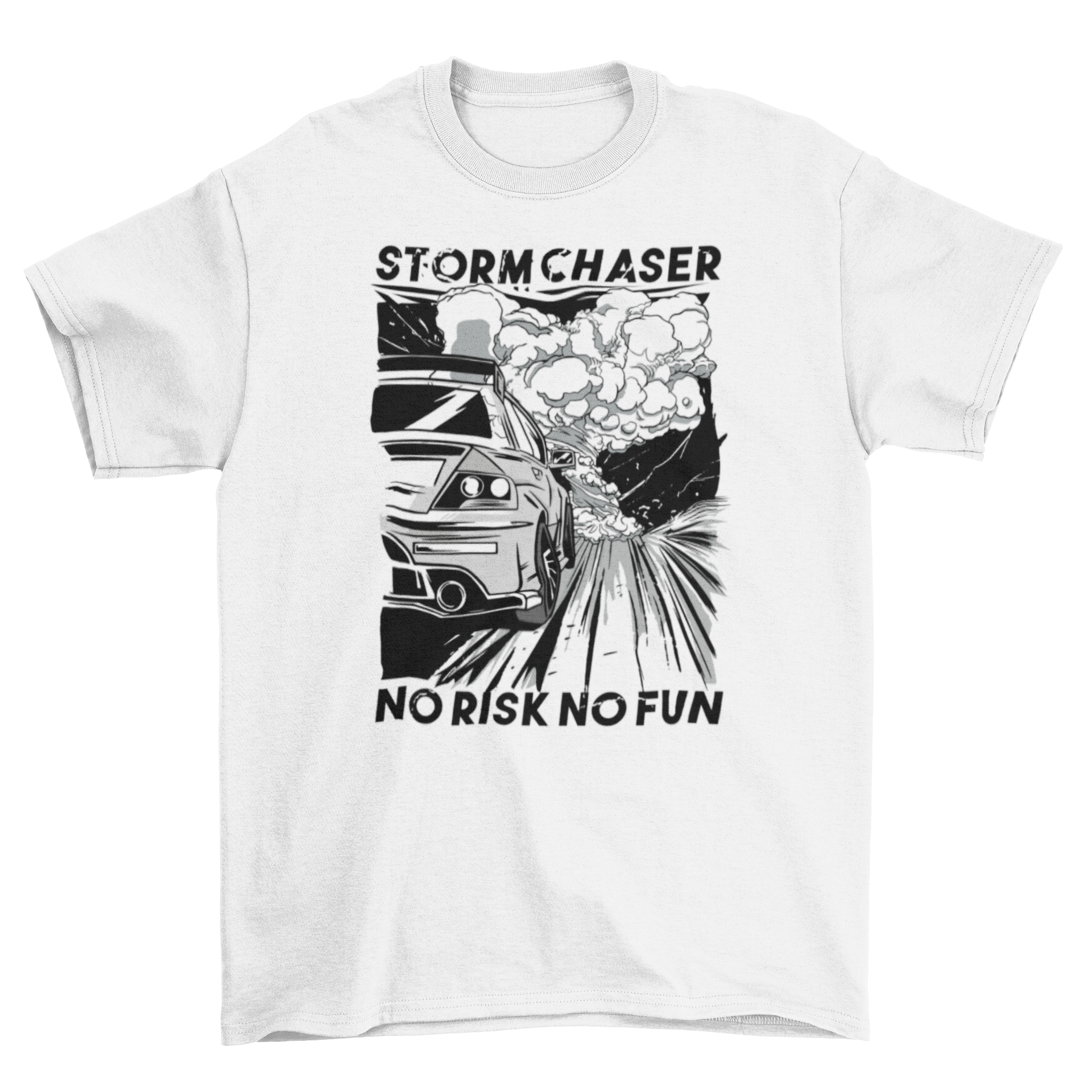 Racing Quote T-Shirt featuring a dynamic car racing design and the quote 'Storm chaser - no risk, no fun'.