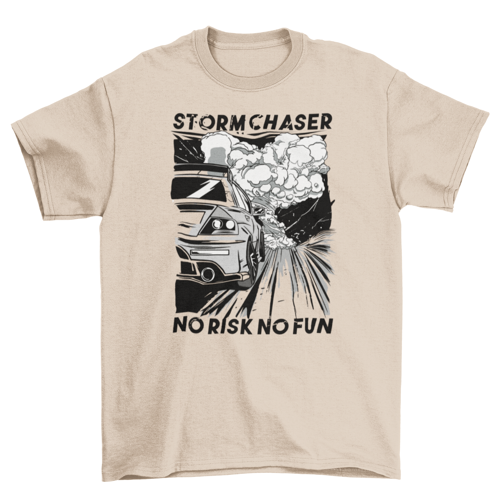 Racing Quote T-Shirt featuring a dynamic car racing design and the quote 'Storm chaser - no risk, no fun'.