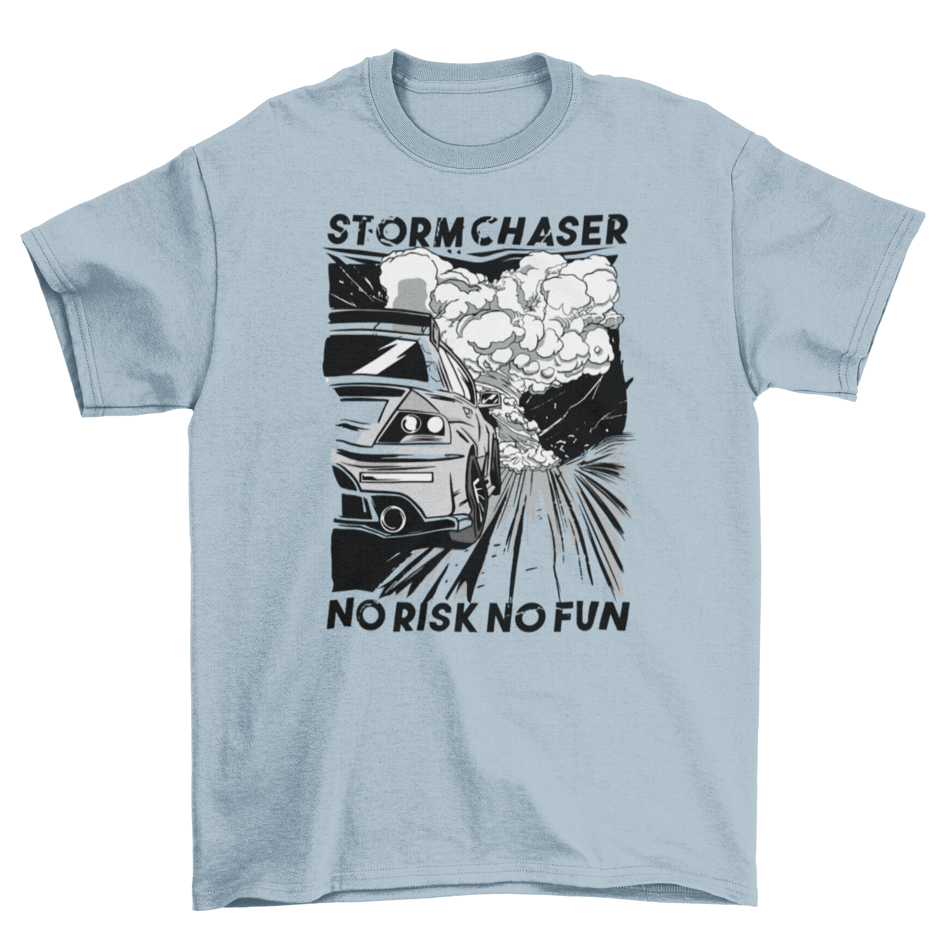 Racing Quote T-Shirt featuring a dynamic car racing design and the quote 'Storm chaser - no risk, no fun'.