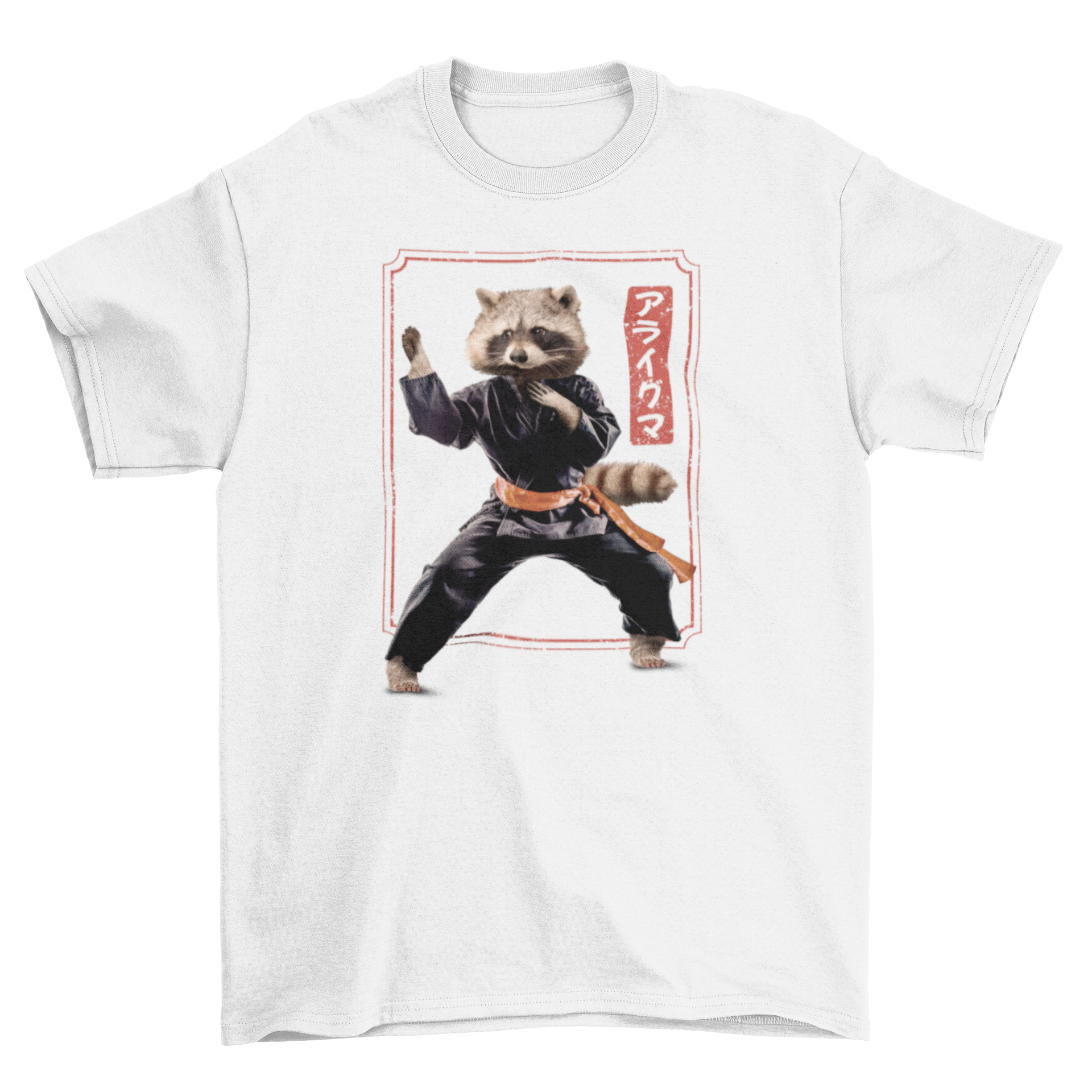 A stylish t-shirt featuring a raccoon performing martial arts, showcasing a unique and playful design.