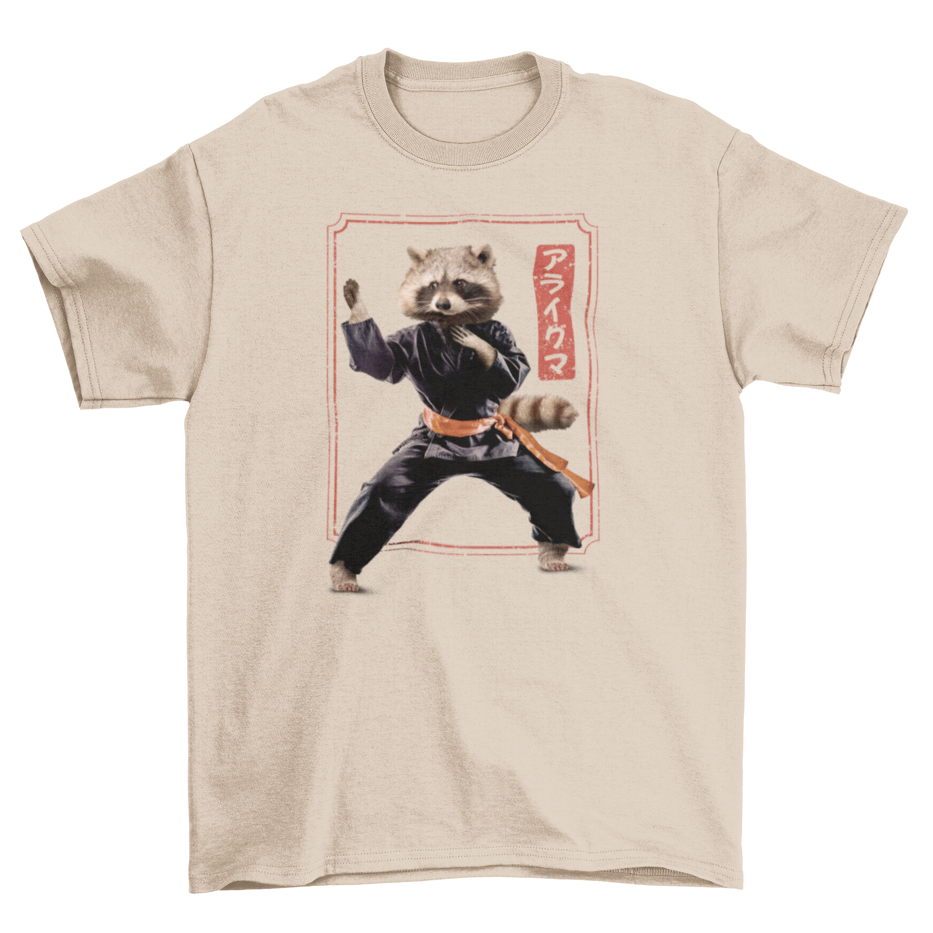 A stylish t-shirt featuring a raccoon performing martial arts, showcasing a unique and playful design.