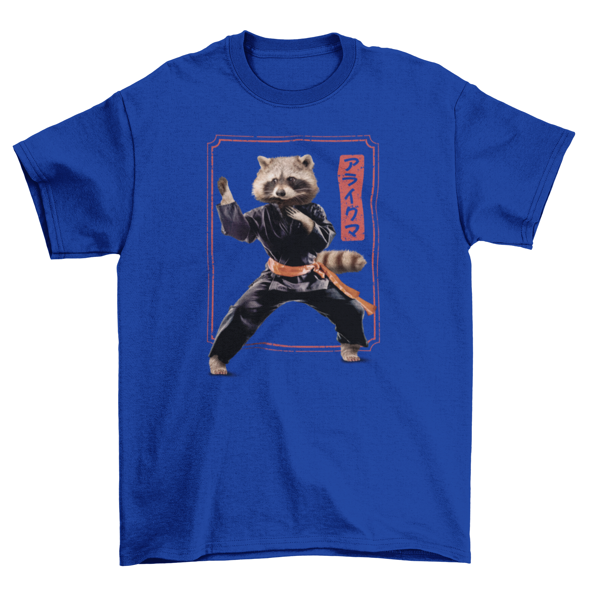 A stylish t-shirt featuring a raccoon performing martial arts, showcasing a unique and playful design.