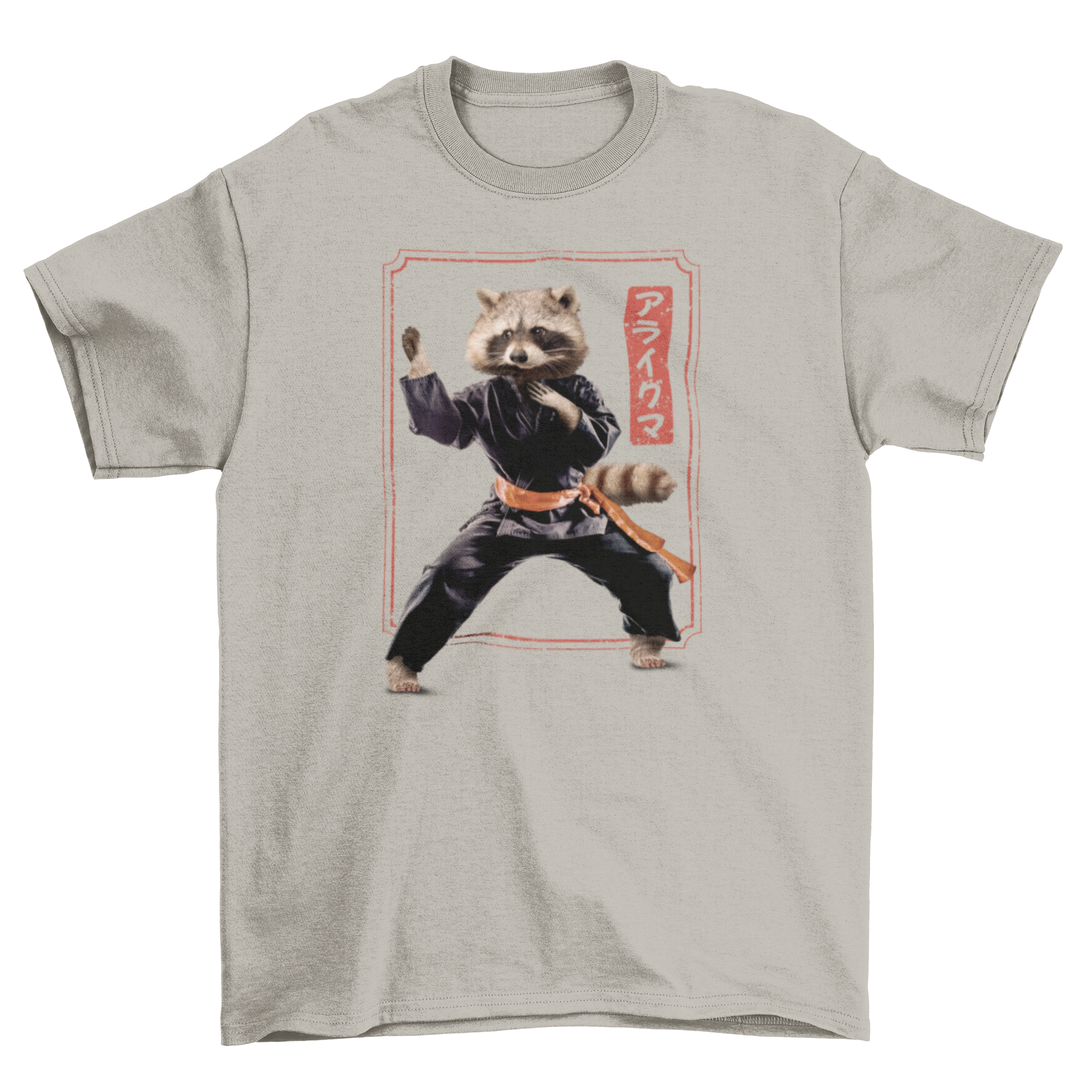 A stylish t-shirt featuring a raccoon performing martial arts, showcasing a unique and playful design.