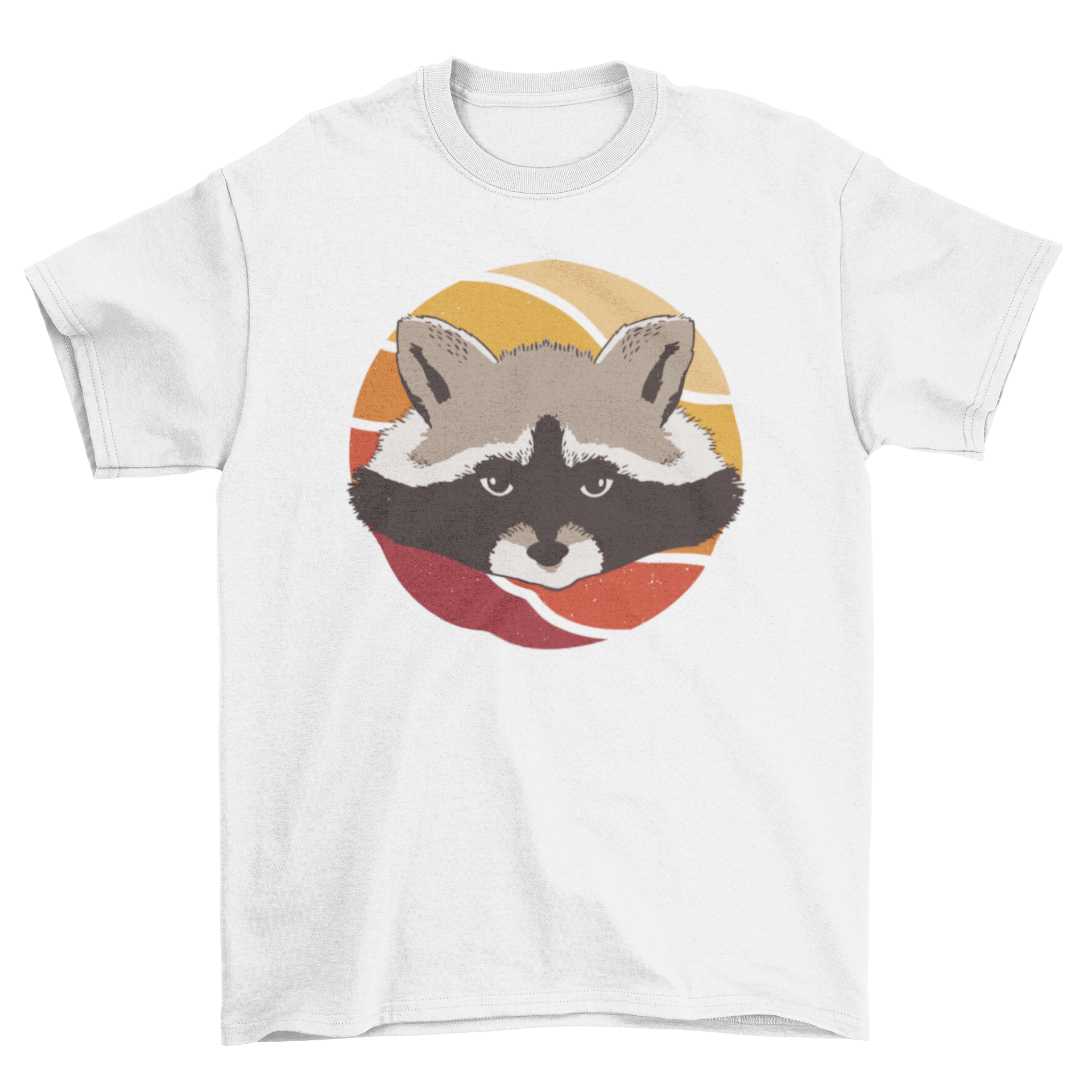 A stylish t-shirt featuring a raccoon against a vibrant retro sunset background, showcasing its unique design.