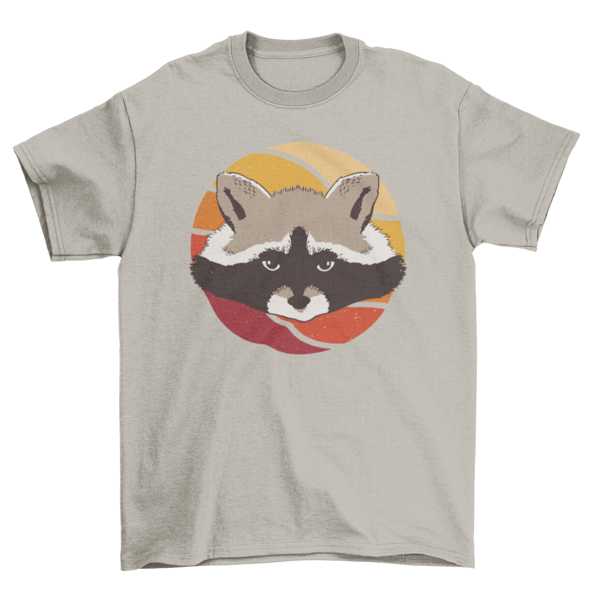 A stylish t-shirt featuring a raccoon against a vibrant retro sunset background, showcasing its unique design.