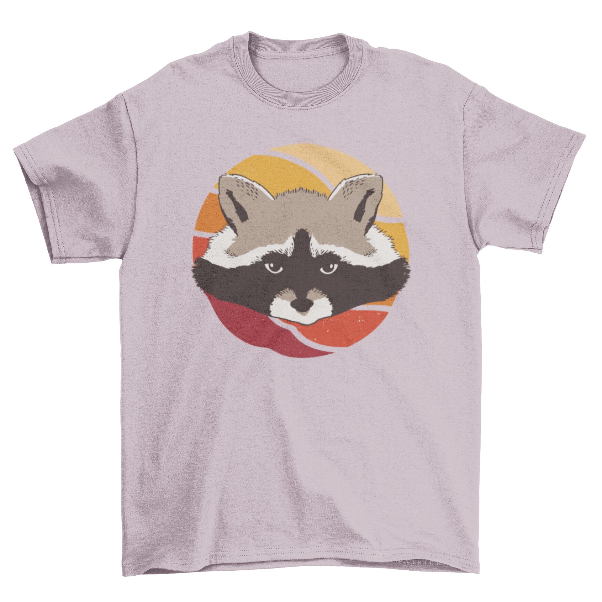 A stylish t-shirt featuring a raccoon against a vibrant retro sunset background, showcasing its unique design.