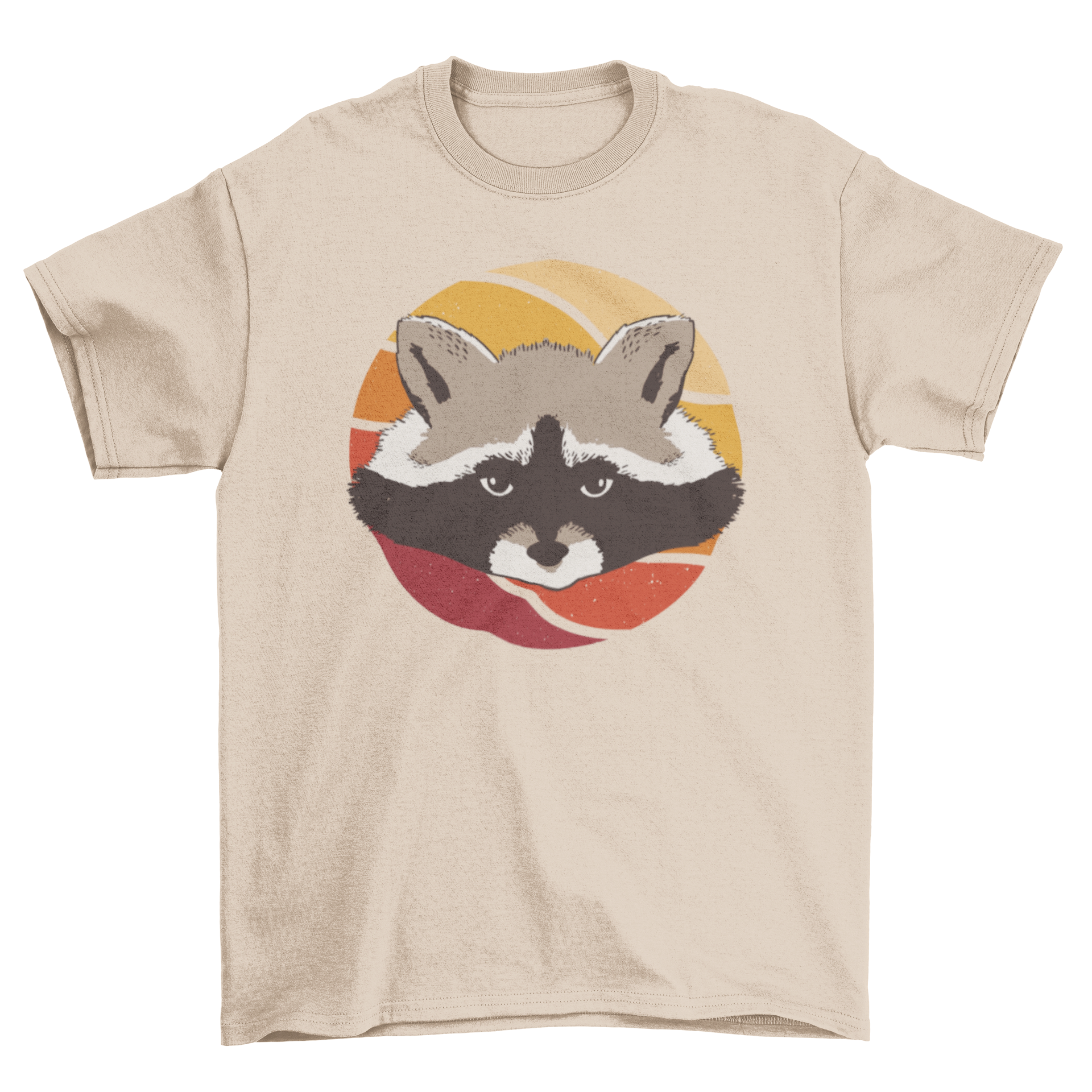 A stylish t-shirt featuring a raccoon against a vibrant retro sunset background, showcasing its unique design.