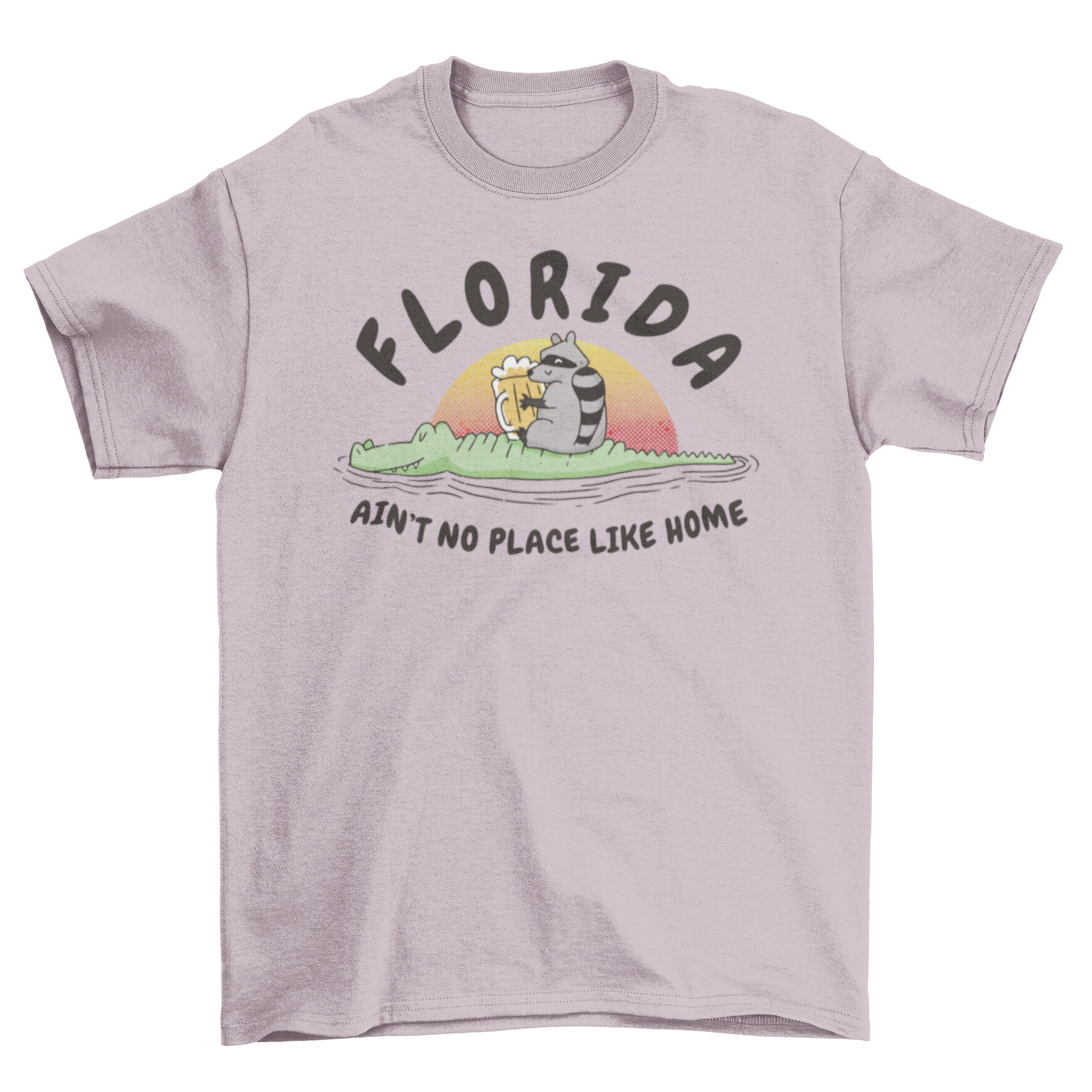 A fun t-shirt featuring a raccoon drinking beer while sitting on a crocodile, with the quote 'Florida, ain't no place like home'.