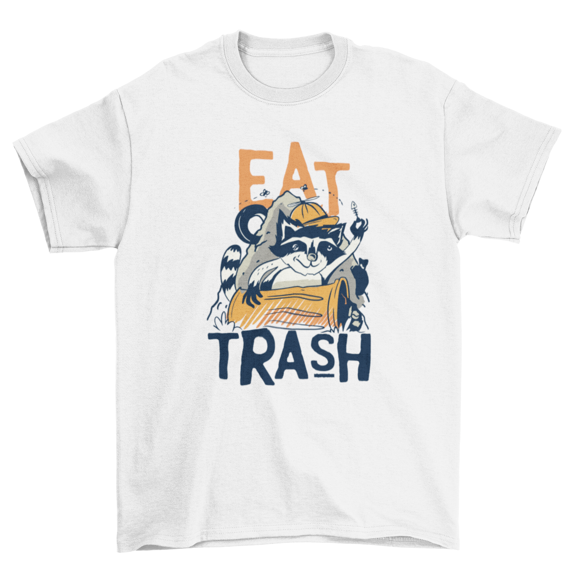 A humorous t-shirt featuring a raccoon surrounded by trash with the text 'EAT TRASH' printed on it.