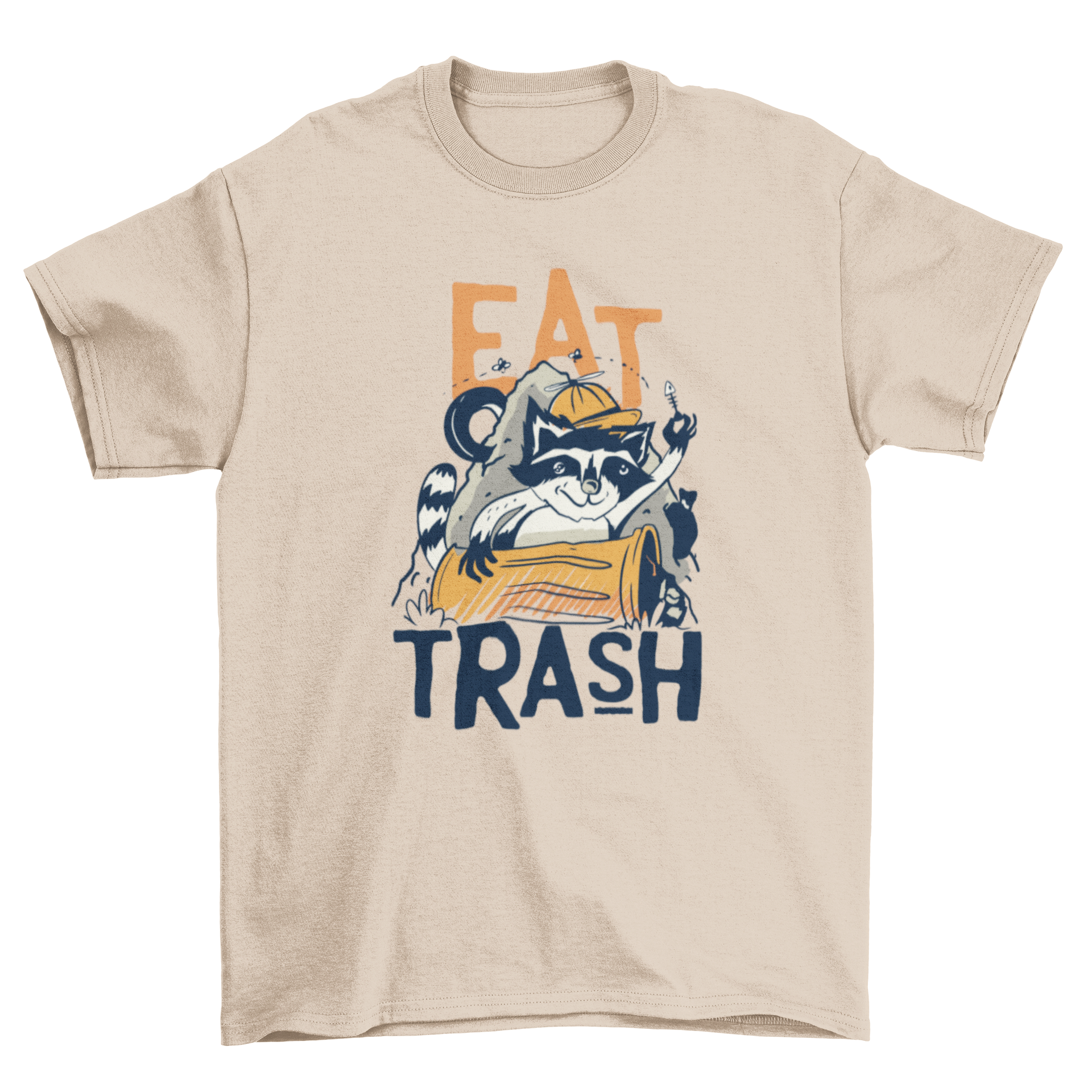 A humorous t-shirt featuring a raccoon surrounded by trash with the text 'EAT TRASH' printed on it.