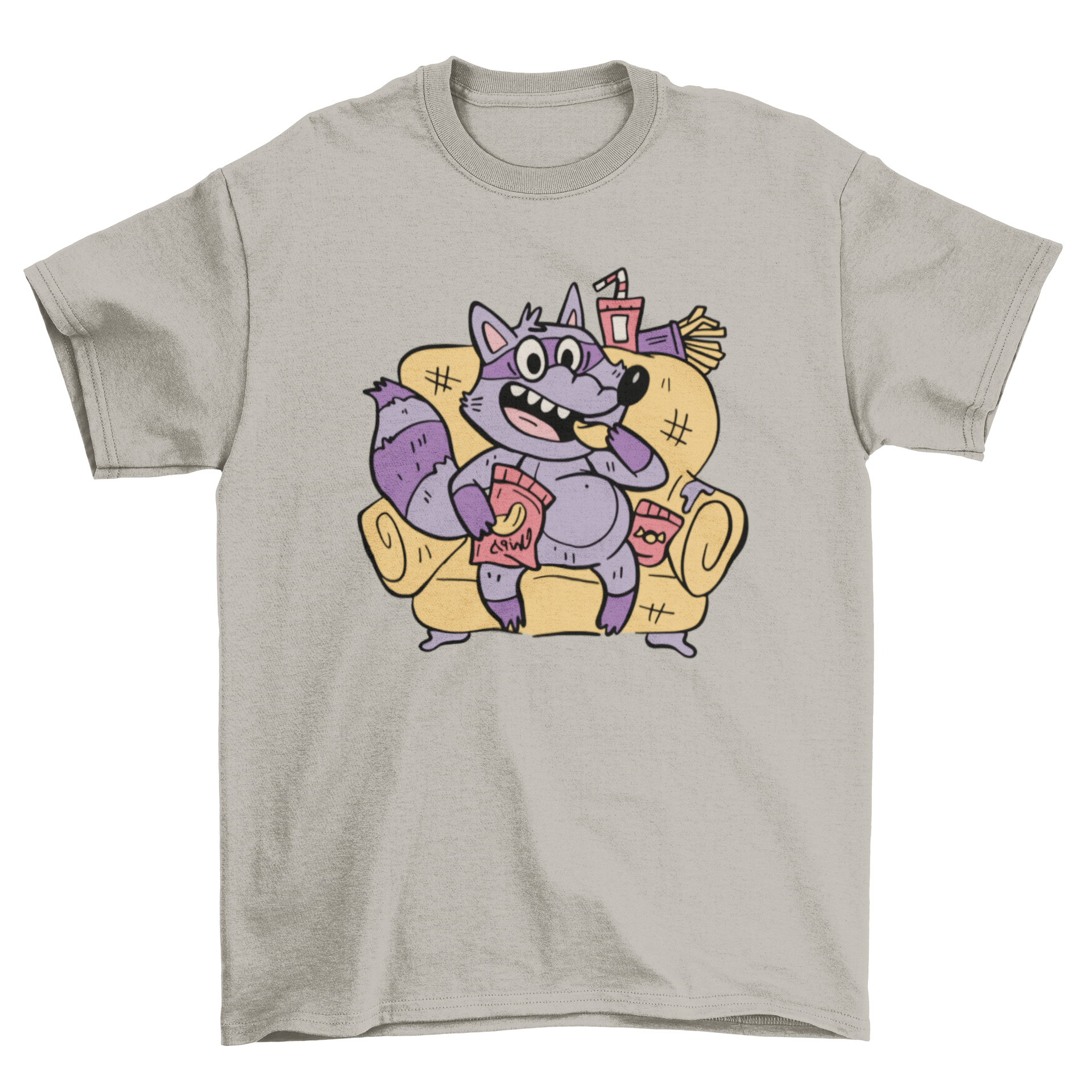 A playful t-shirt featuring a raccoon character sitting on a couch, happily eating chips, showcasing a fun and quirky design.