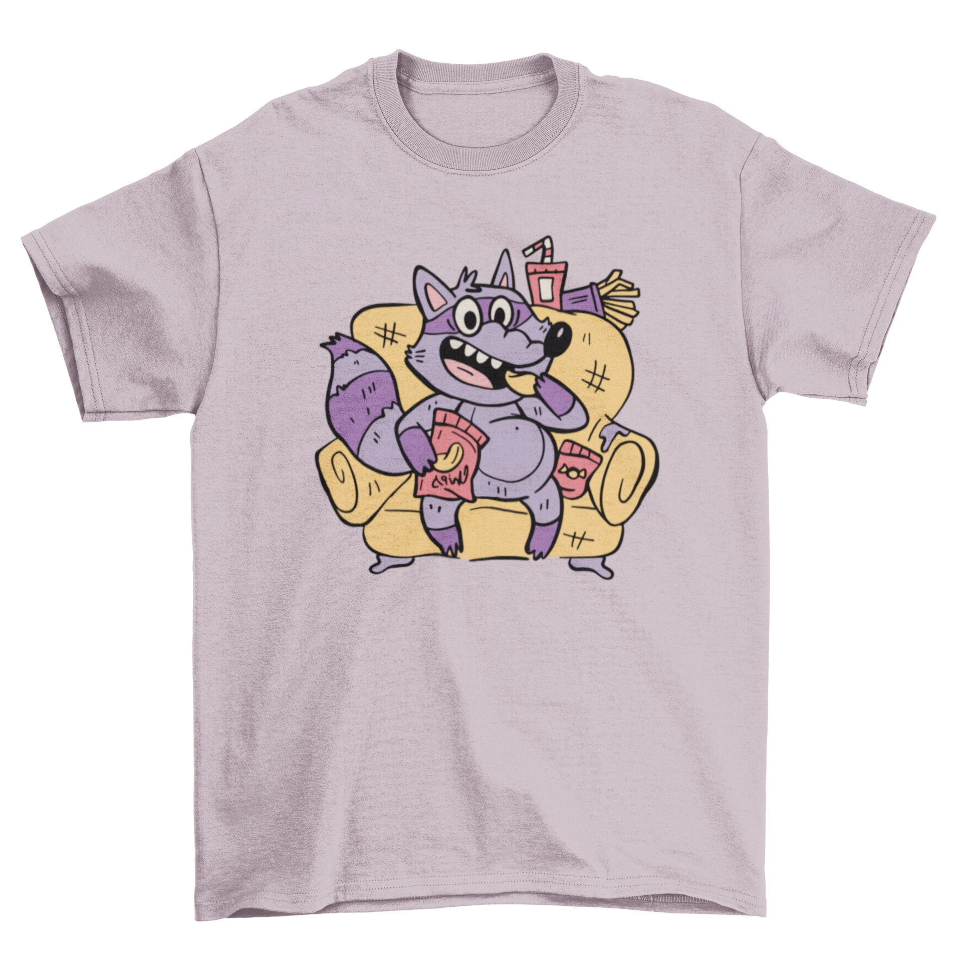 A playful t-shirt featuring a raccoon character sitting on a couch, happily eating chips, showcasing a fun and quirky design.