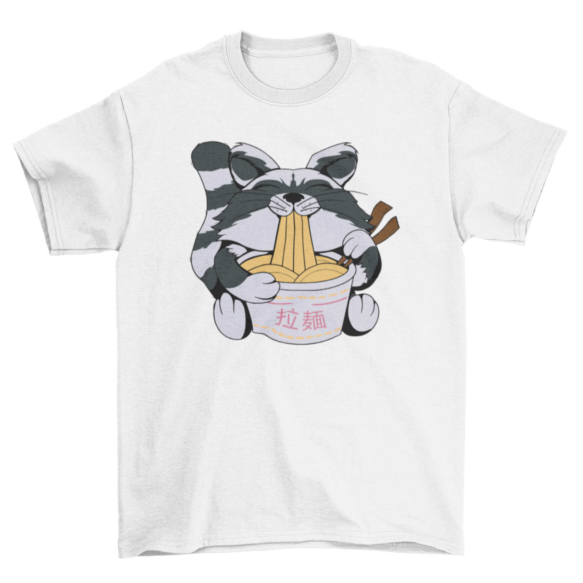 A cute t-shirt featuring a raccoon happily eating ramen, showcasing a playful design perfect for animal lovers.