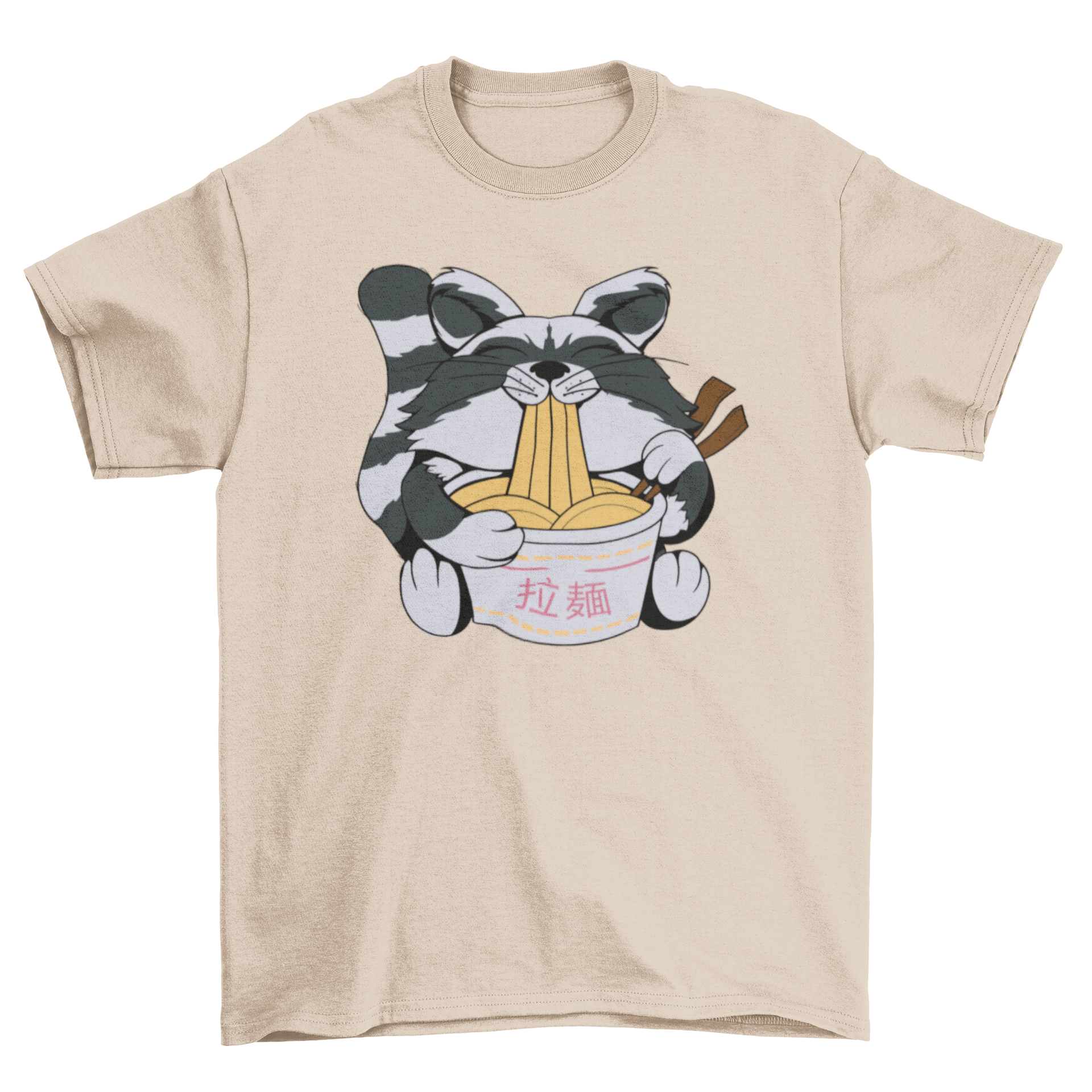 A cute t-shirt featuring a raccoon happily eating ramen, showcasing a playful design perfect for animal lovers.