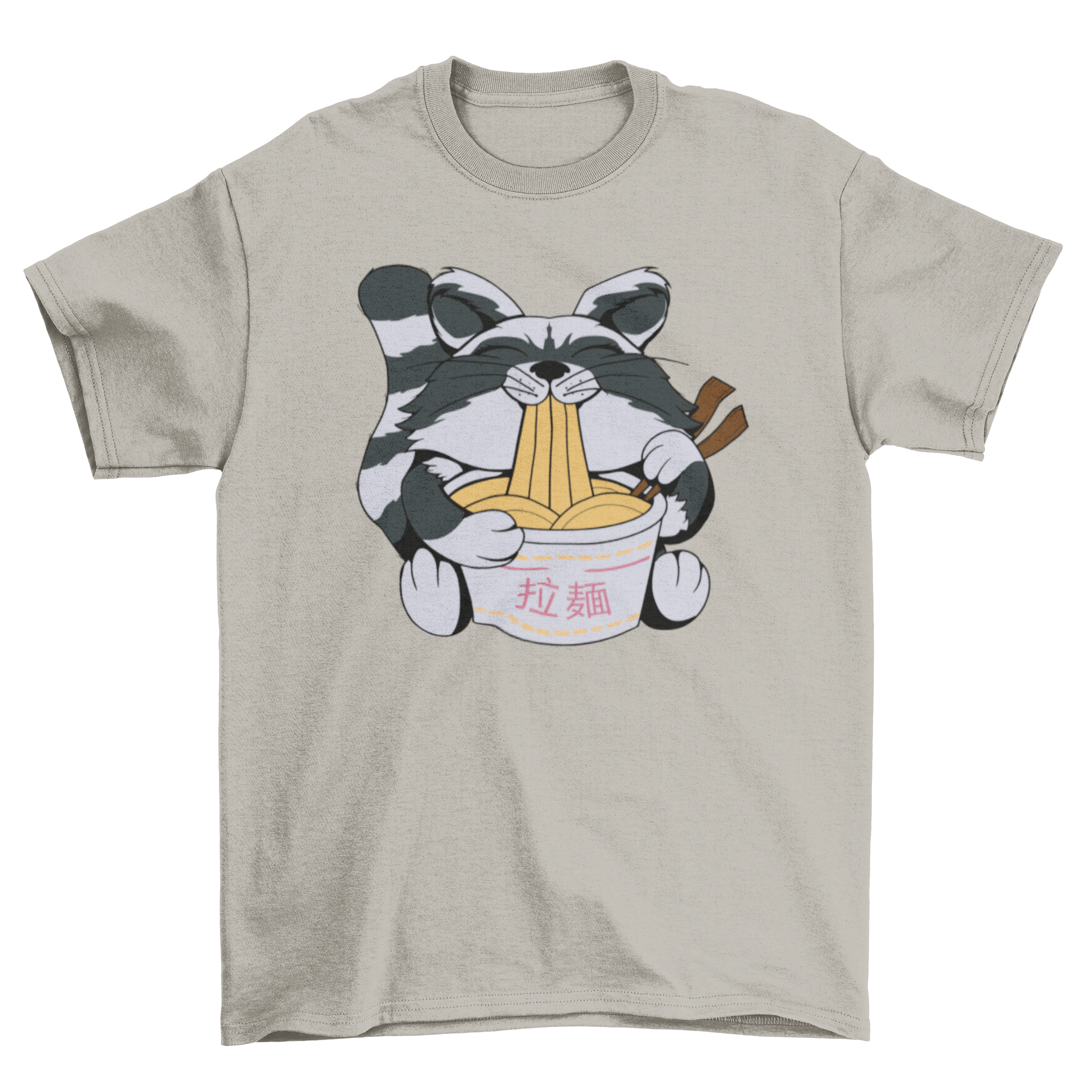 A cute t-shirt featuring a raccoon happily eating ramen, showcasing a playful design perfect for animal lovers.