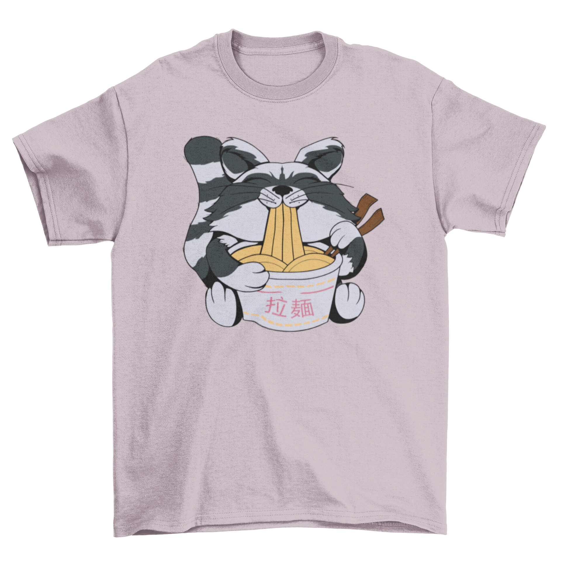 A cute t-shirt featuring a raccoon happily eating ramen, showcasing a playful design perfect for animal lovers.