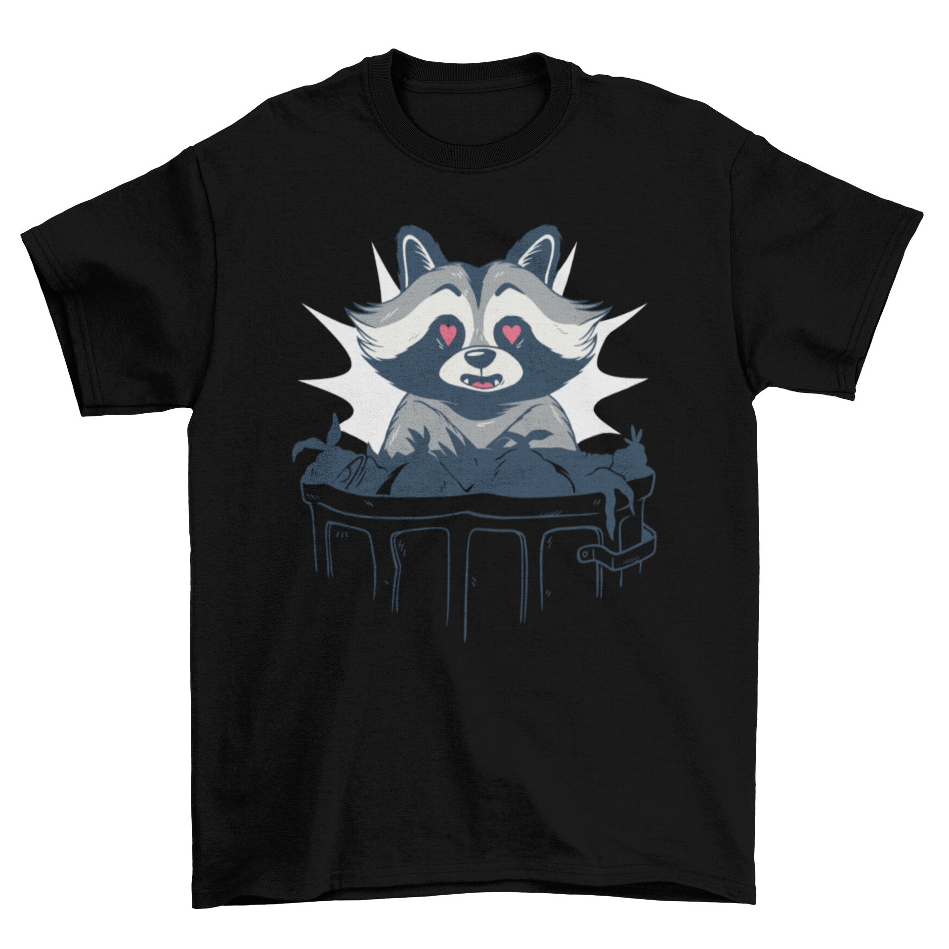 A humorous t-shirt featuring a raccoon in love with a trash can, showcasing a playful design.