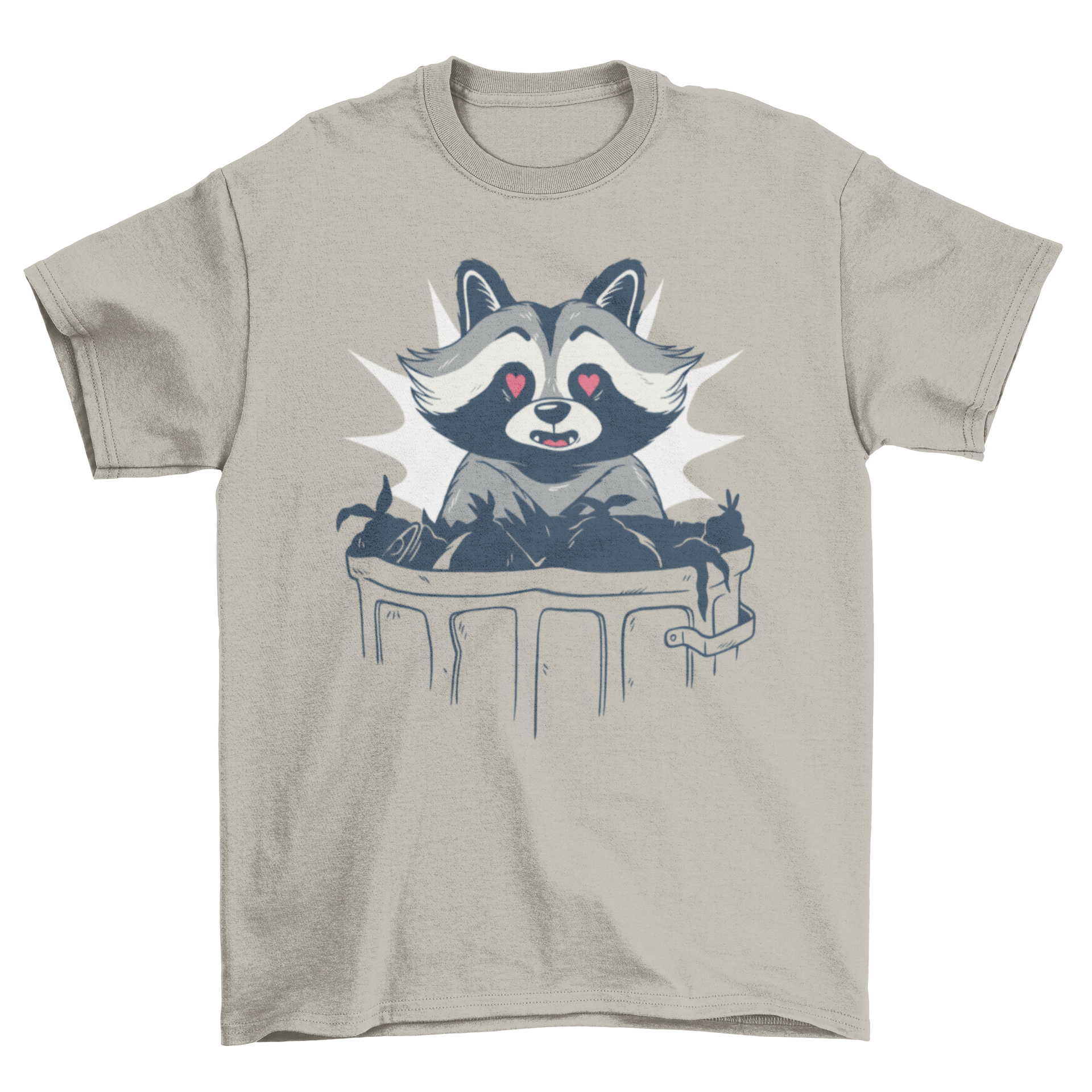 A humorous t-shirt featuring a raccoon in love with a trash can, showcasing a playful design.