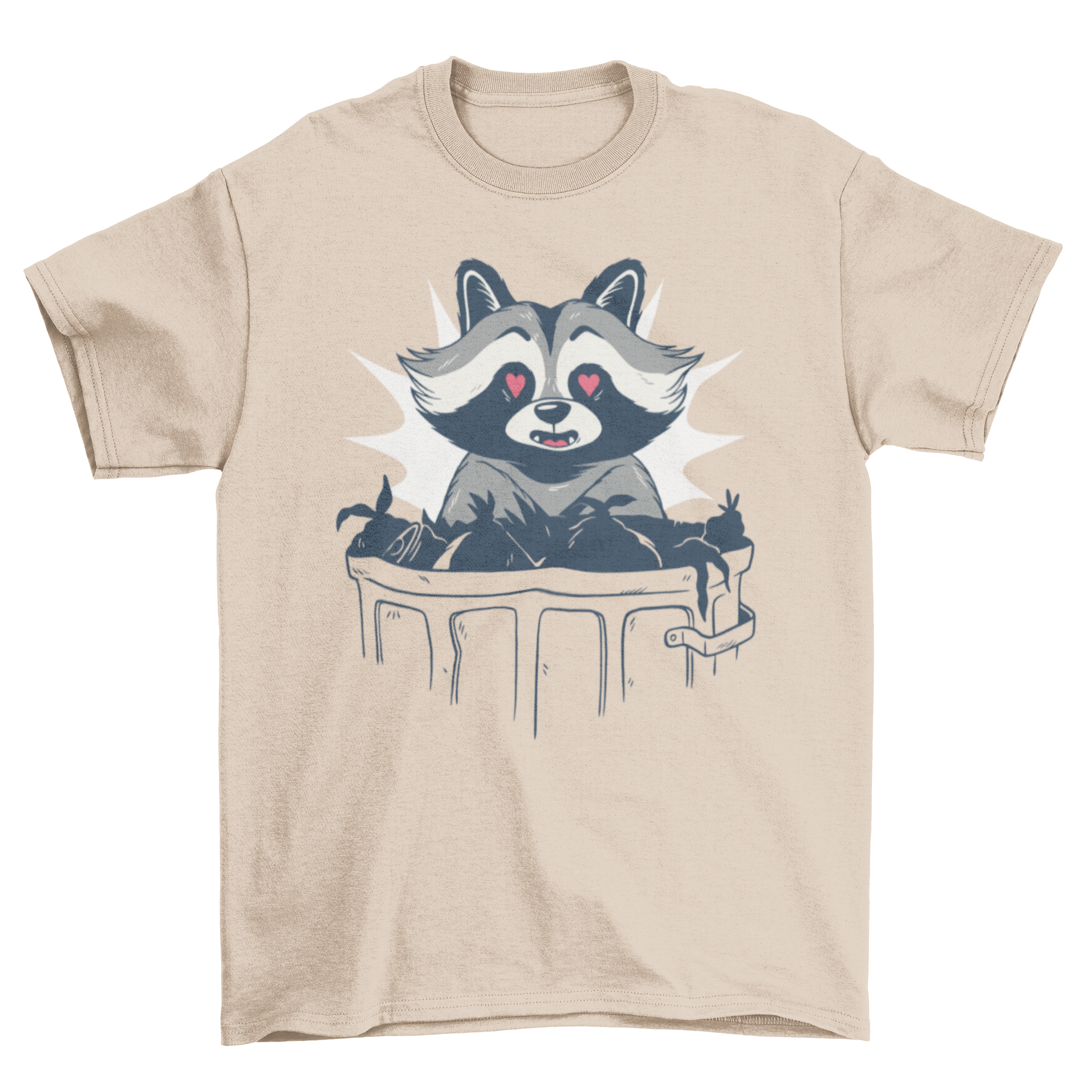 A humorous t-shirt featuring a raccoon in love with a trash can, showcasing a playful design.